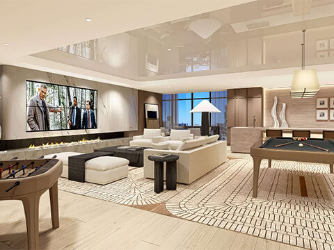 Cassia Residences Coral Gables game room and social lounge with billiards table, foosball, fireplace, and entertainment area
