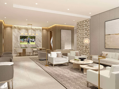 Cassia Residences Coral Gables luxury residents lounge interior with designer seating, marble accents, and warm neutral decor