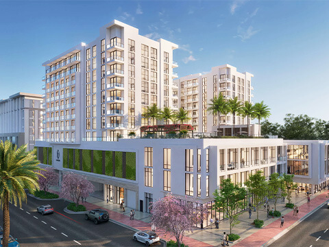 Cassia Residences Coral Gables modern corner exterior aerial view with palm trees, retail podium, and luxury residences