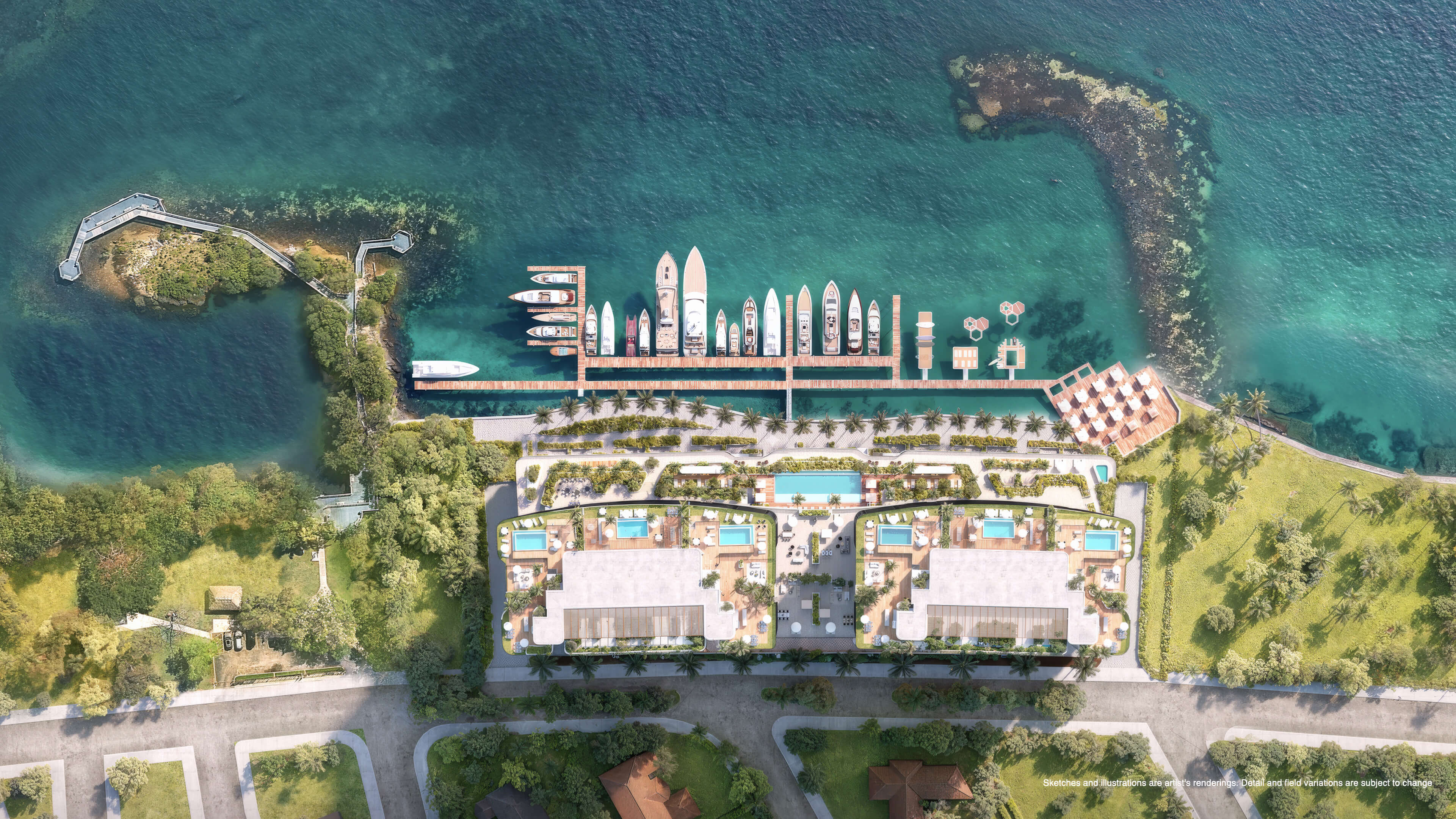 Aerial view of Continuum 12000 North Miami showing the waterfront residences, marina and amenity deck
