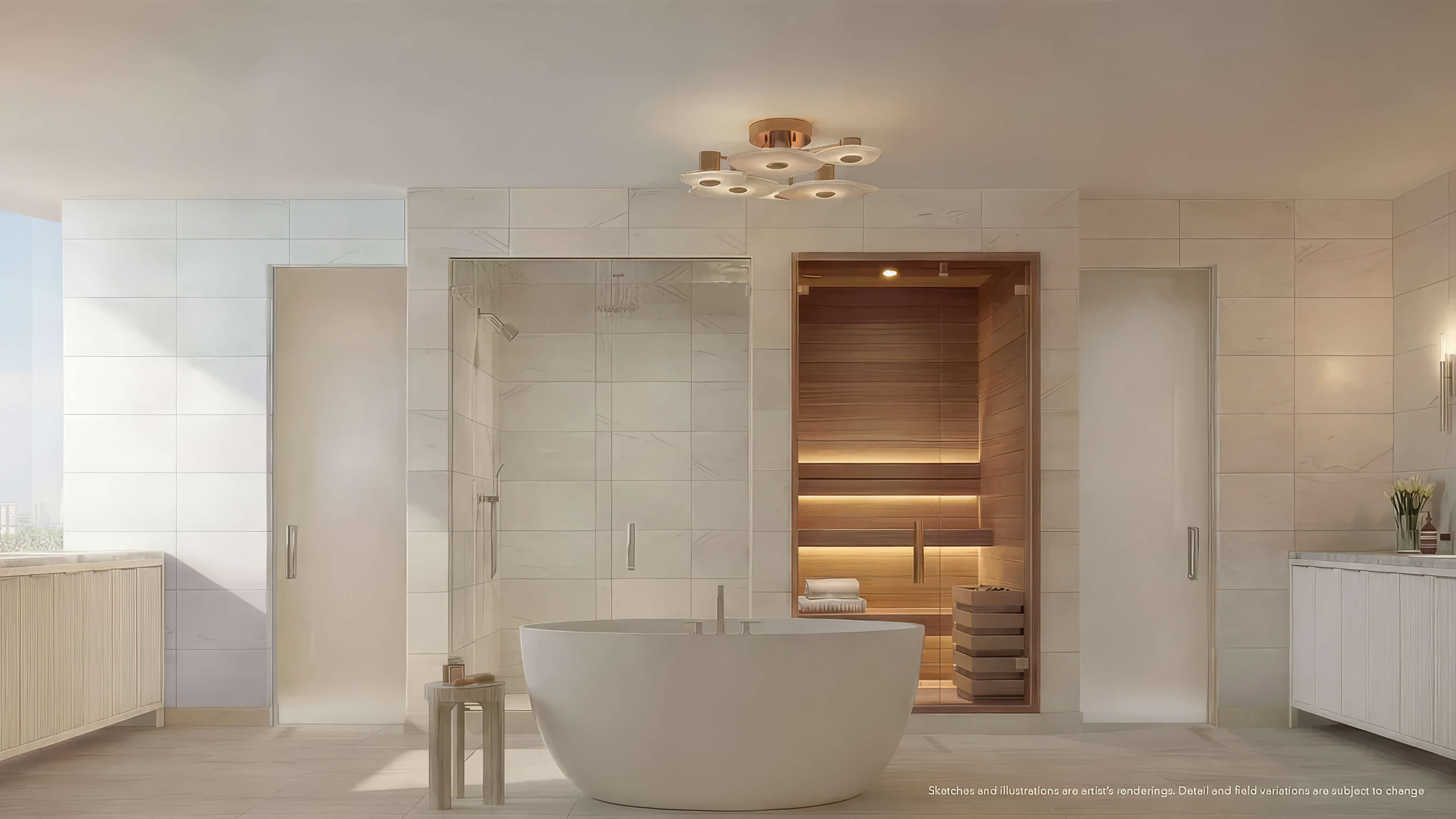 Luxury bathroom at Continuum 12000 North Miami with freestanding bathtub and illuminated private sauna