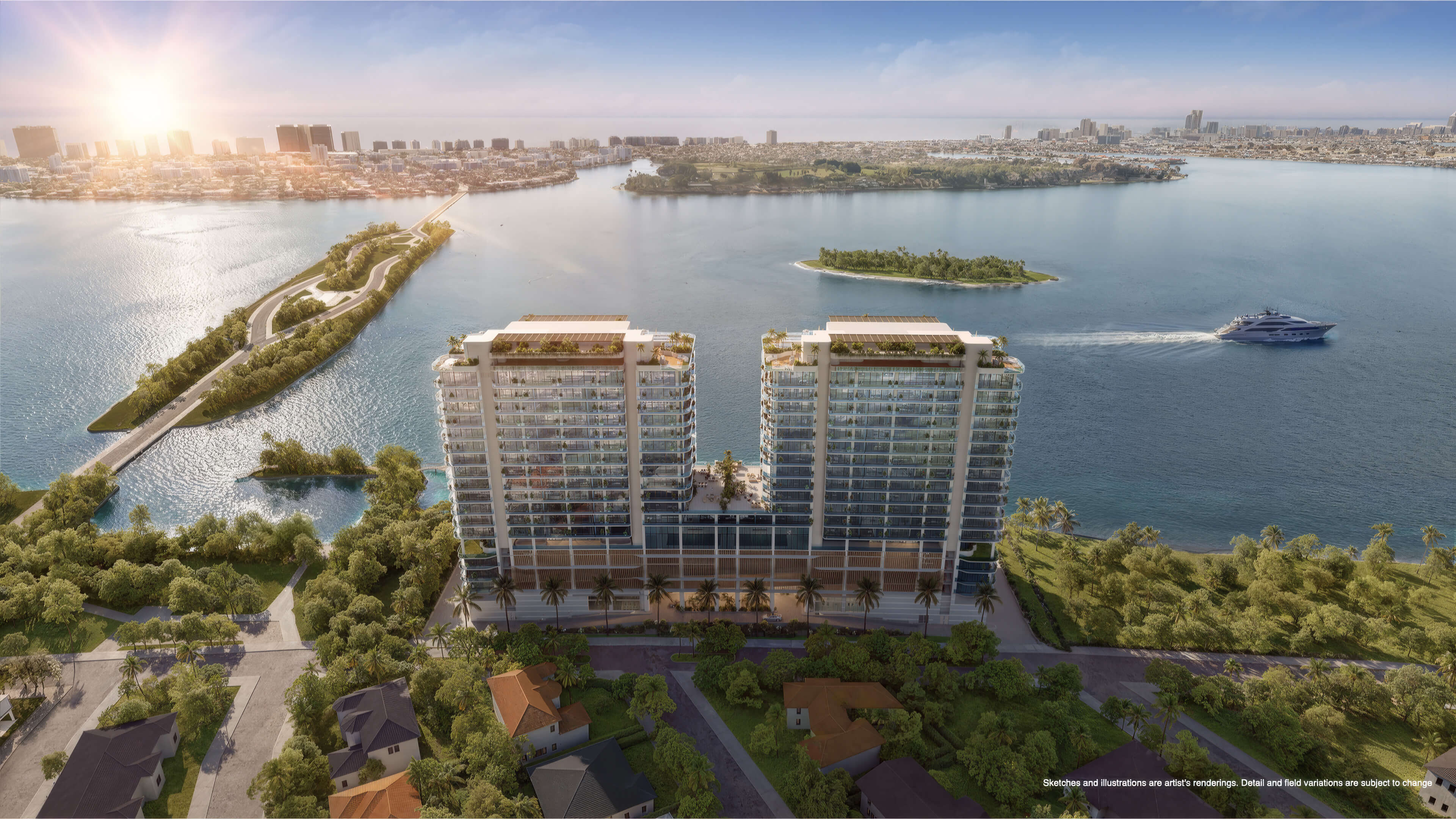 Aerial view of Continuum 12000 North Miami twin residential towers along Biscayne Bay