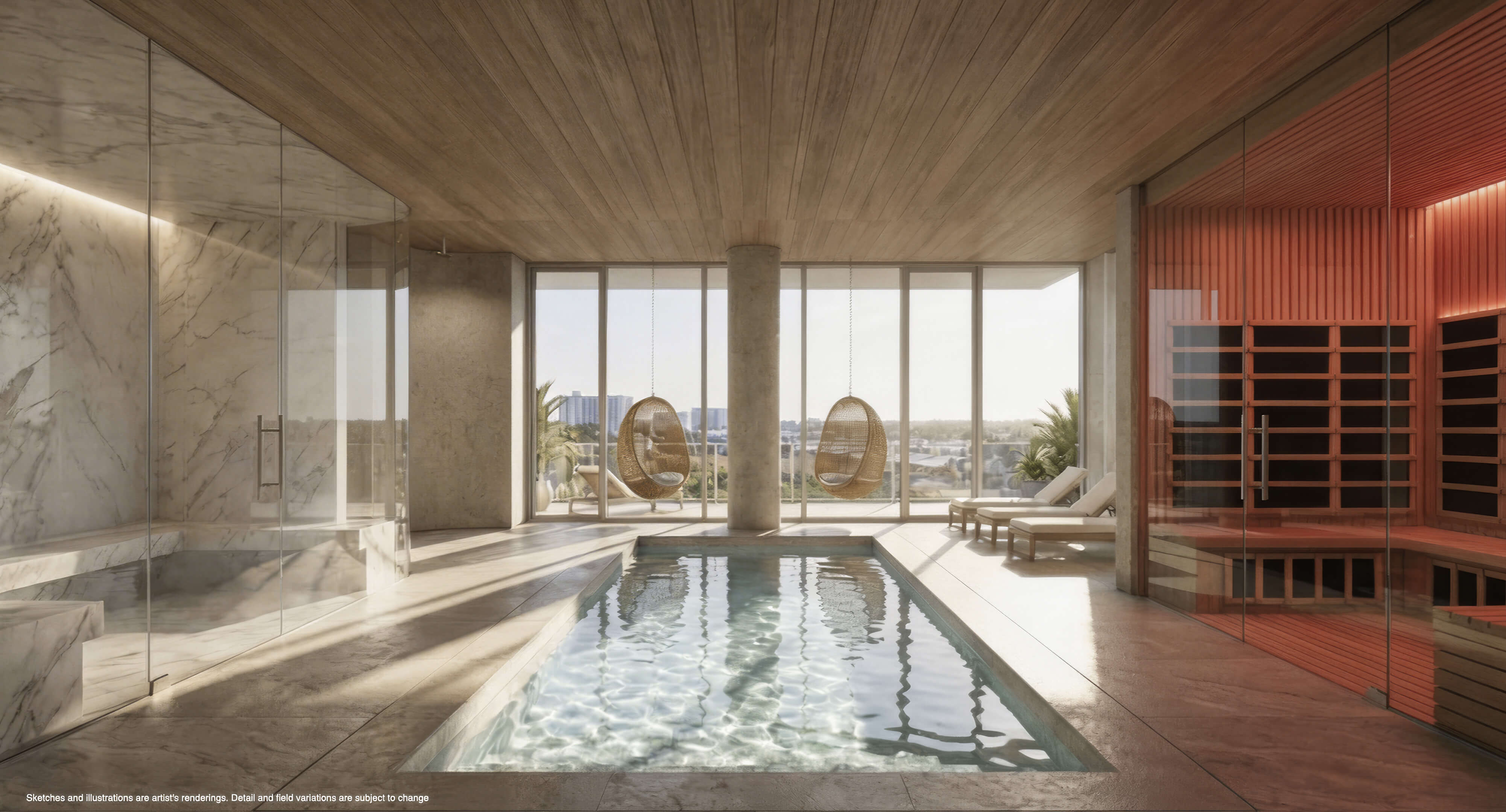 Indoor spa pool at Continuum 12000 North Miami with sauna, marble finishes and relaxation seating