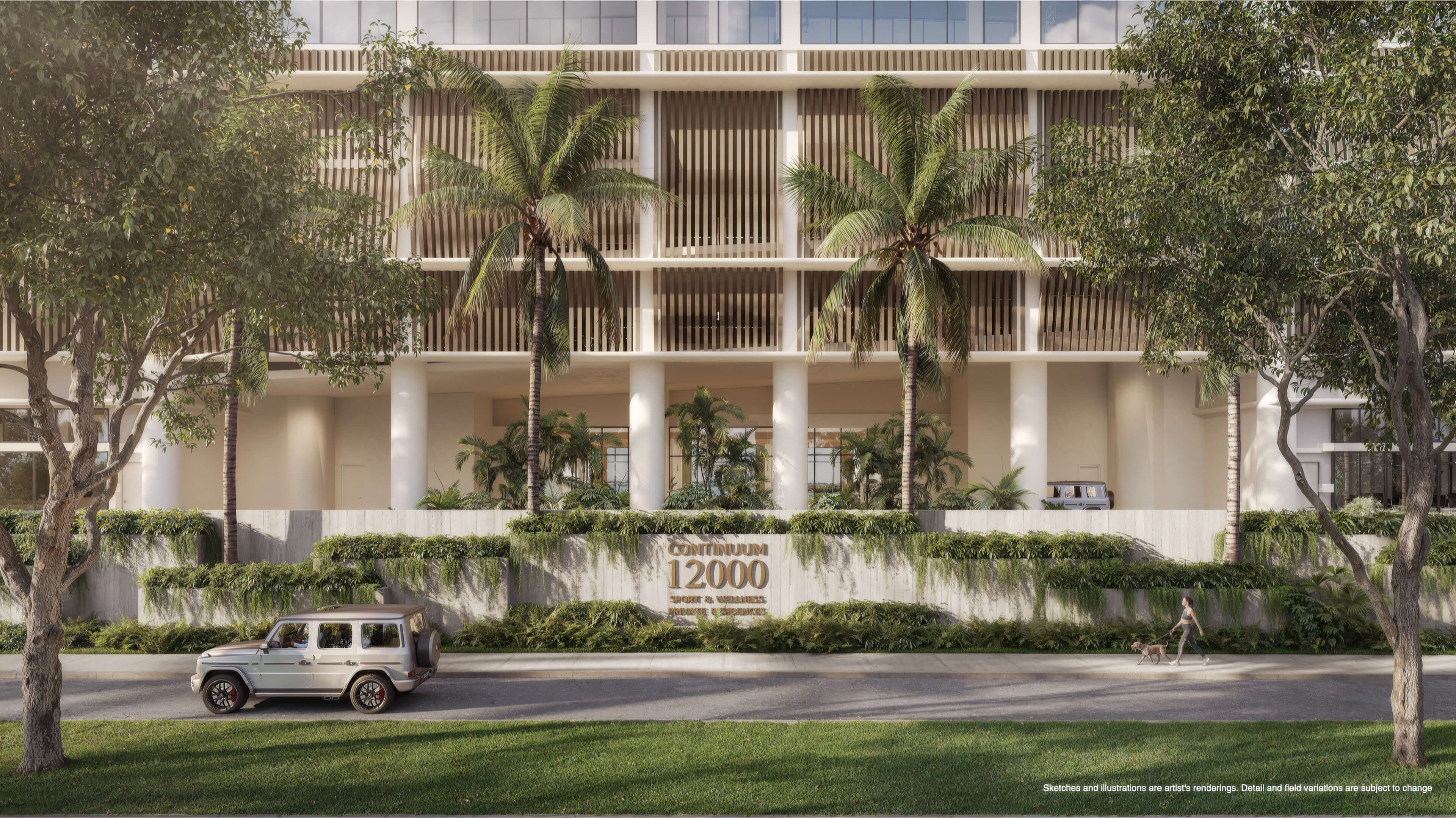 Landscaped entrance of Continuum 12000 North Miami with palm trees and modern architecture