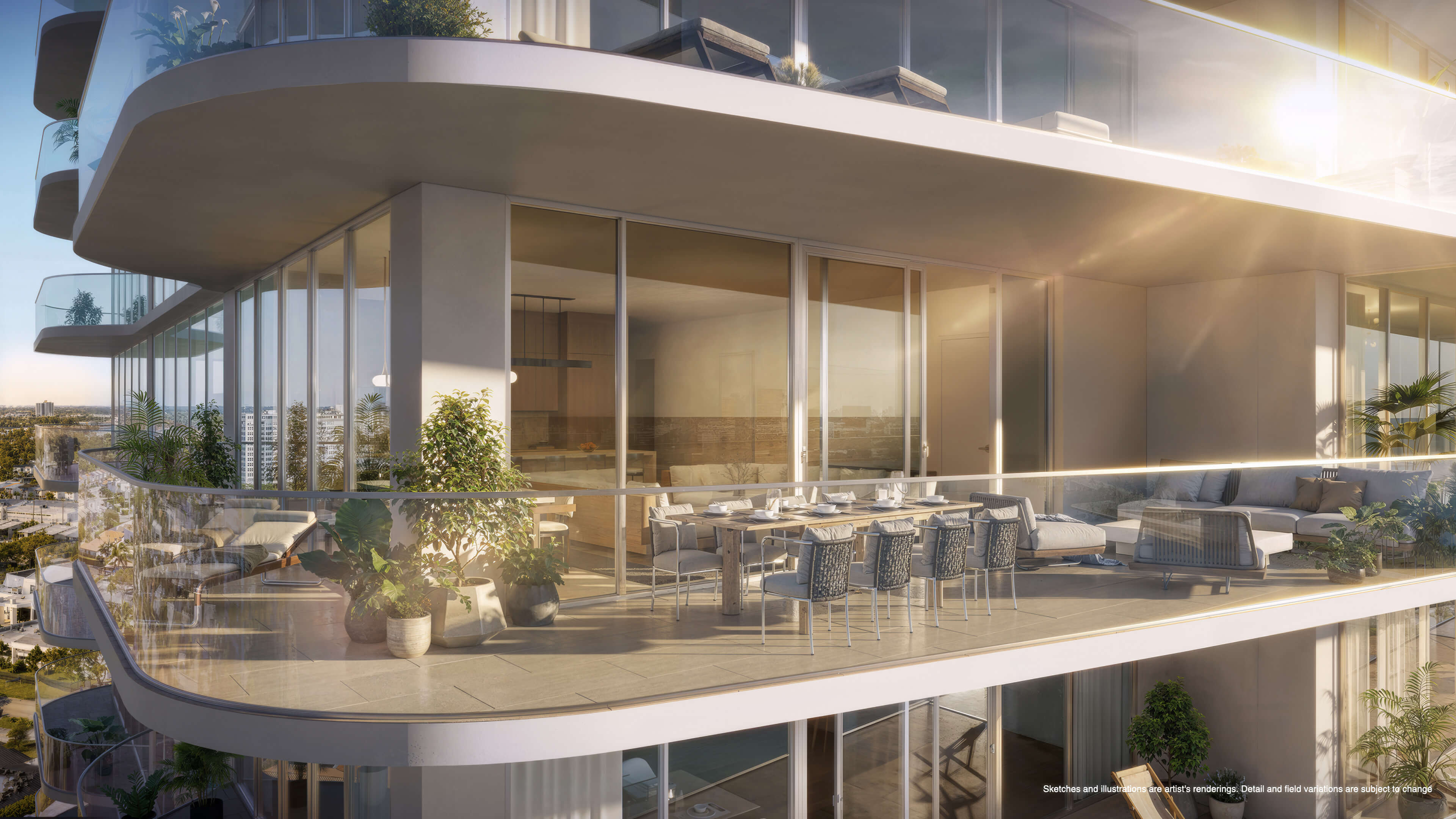 Luxury private balcony terrace at Continuum 12000 North Miami with outdoor dining and lounge areas