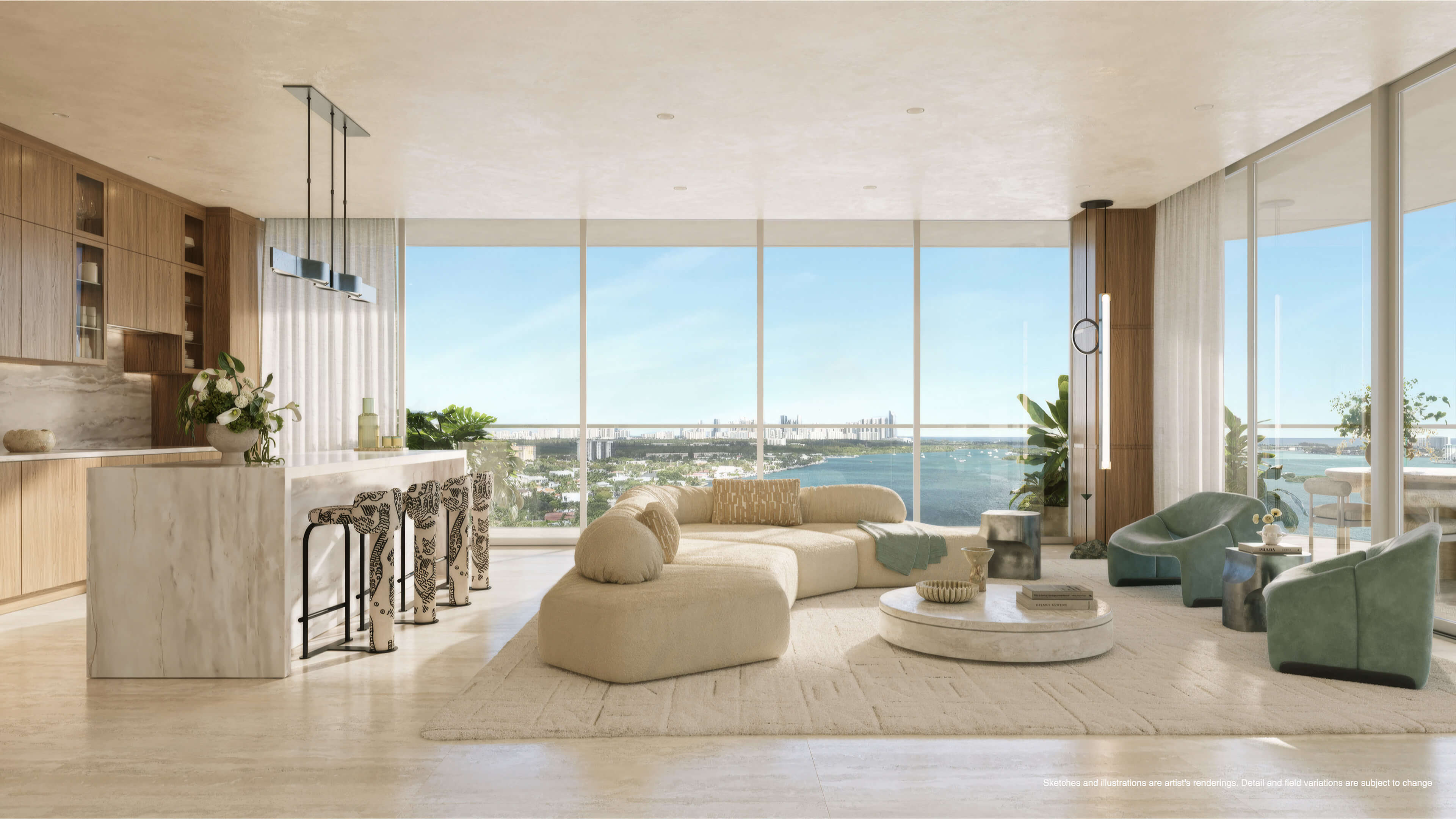 Luxury living room at Continuum 12000 North Miami with open kitchen and panoramic water views