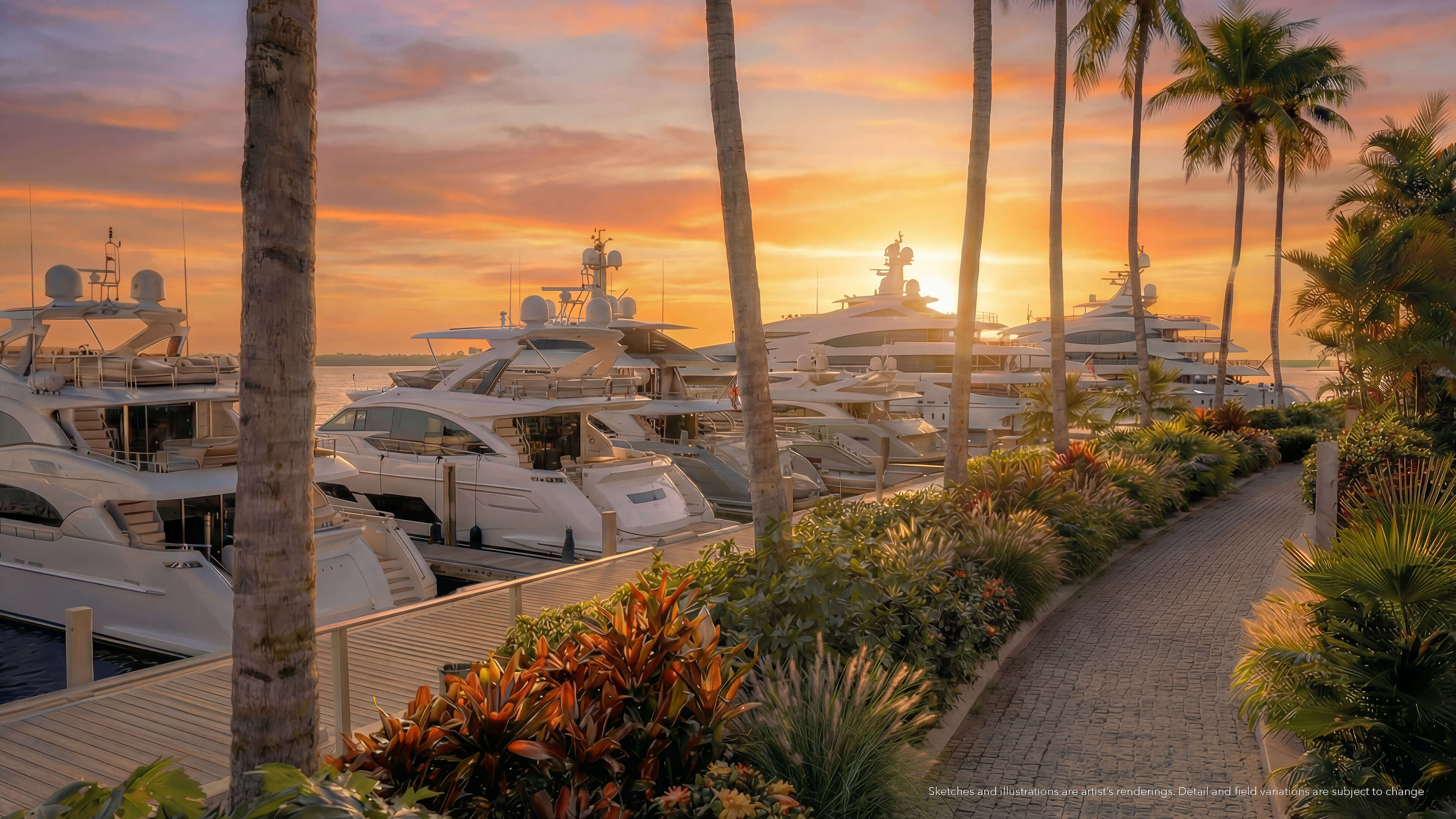 Luxury marina at Continuum 12000 North Miami with yachts, palm trees and sunset waterfront views