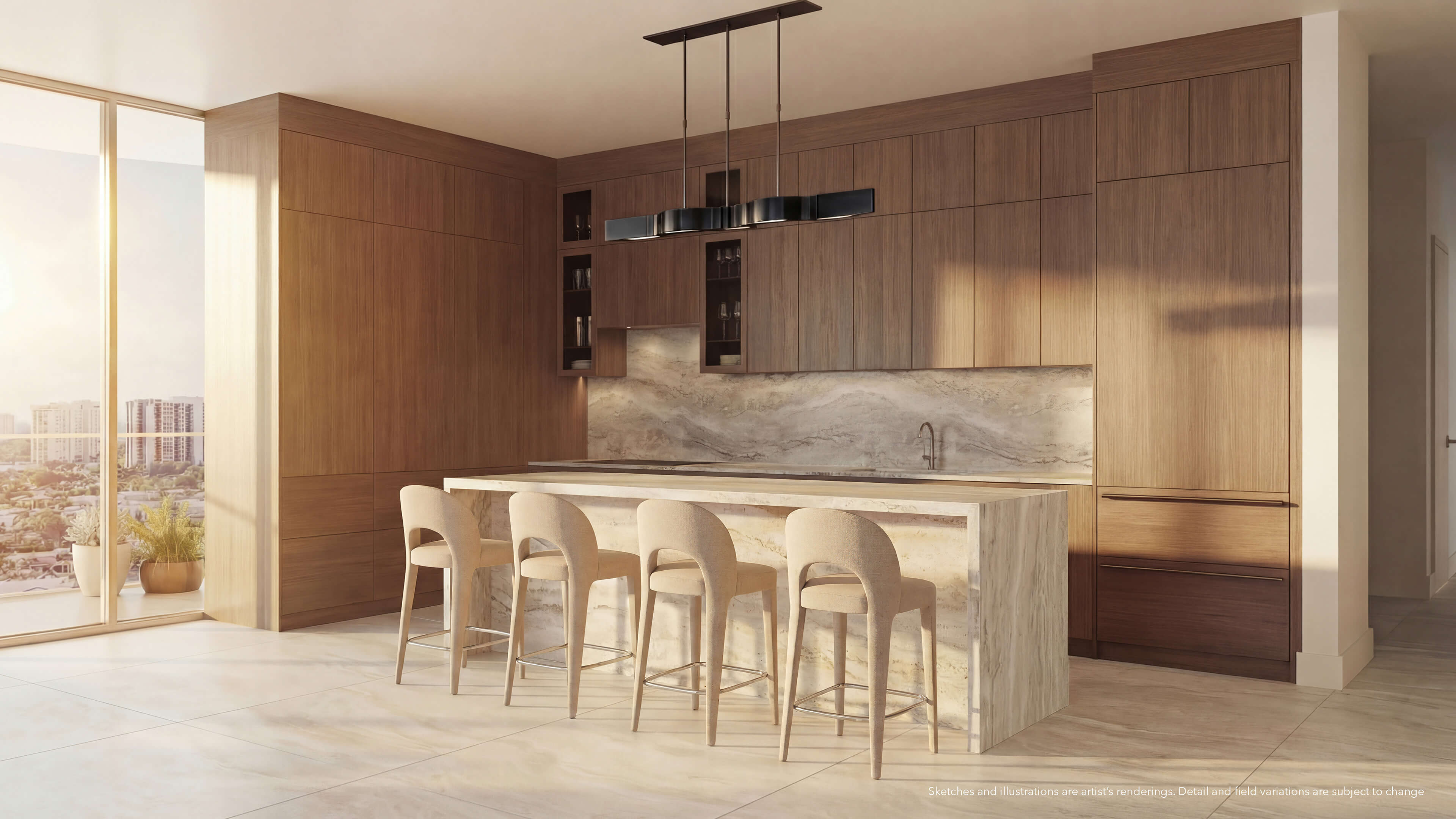 Modern kitchen at Continuum 12000 North Miami featuring wood cabinetry and marble island