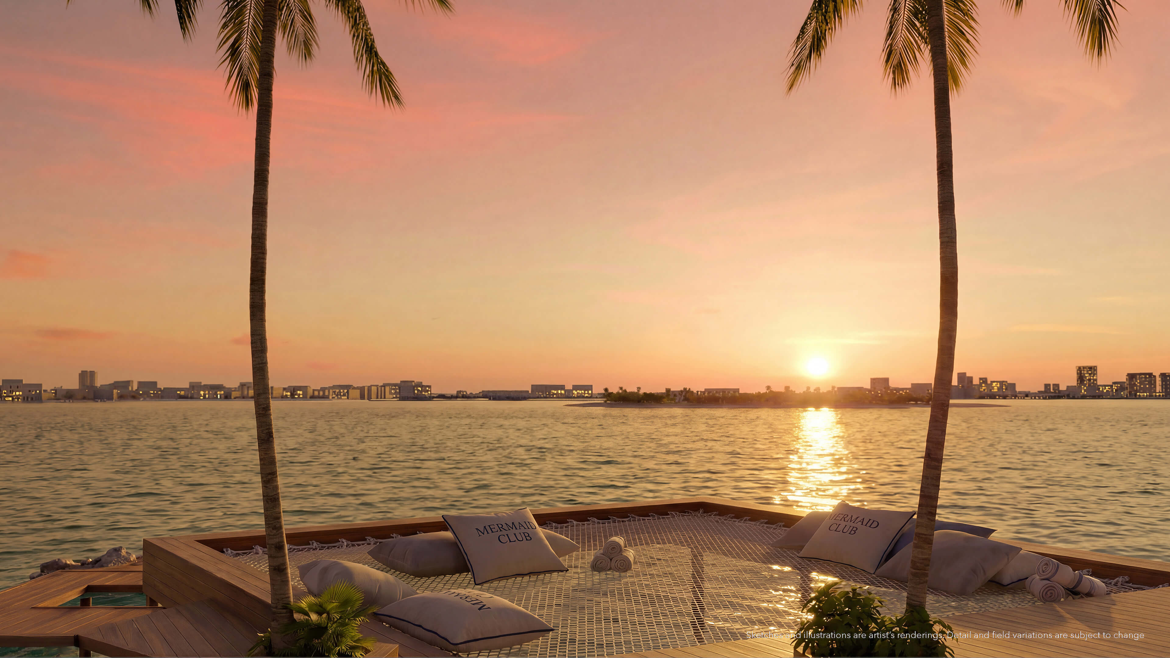 Sunset waterfront net lounge at Continuum 12000 North Miami overlooking Biscayne Bay