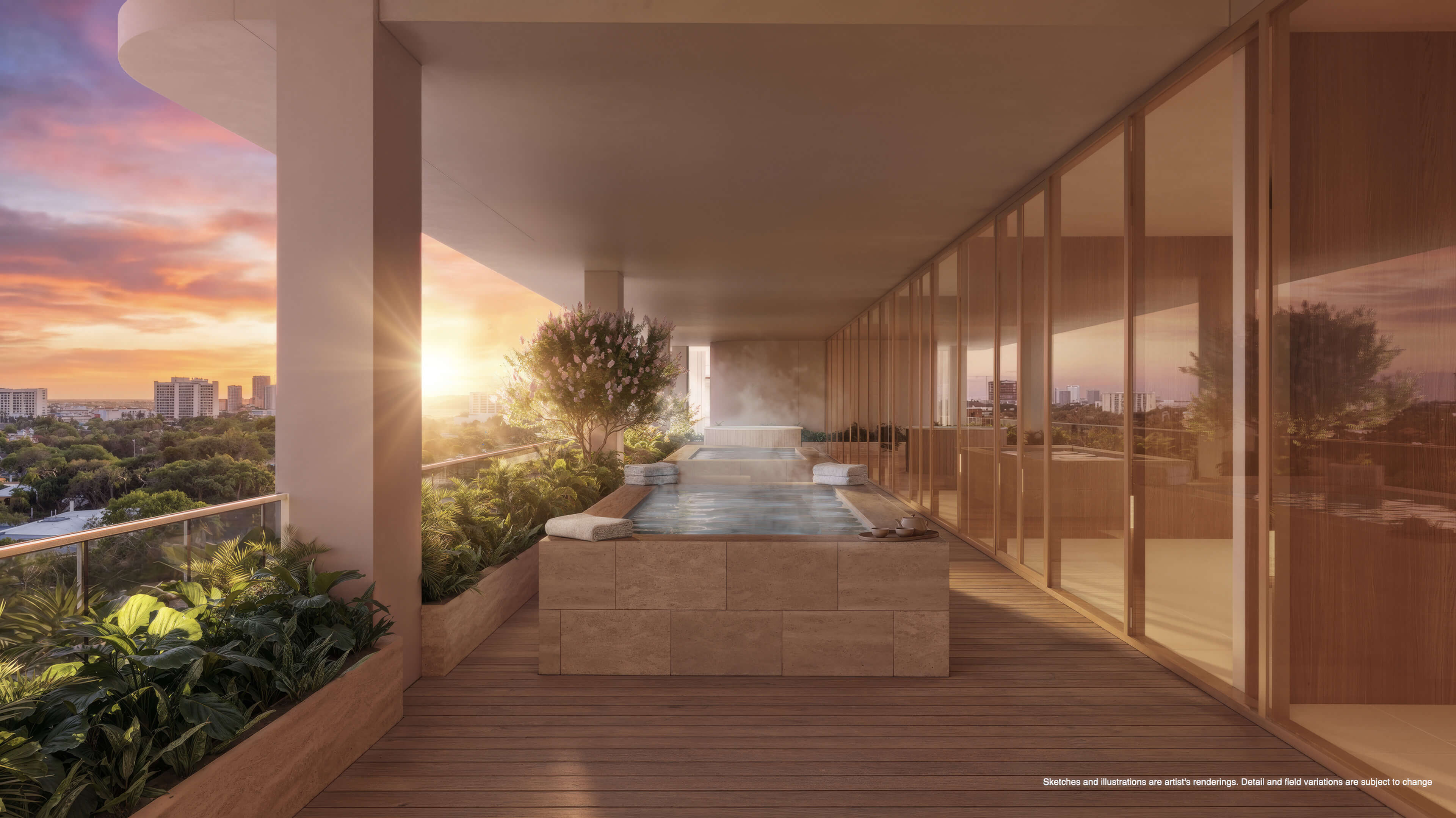 Outdoor spa terrace at Continuum 12000 North Miami with private plunge pools and sunset views