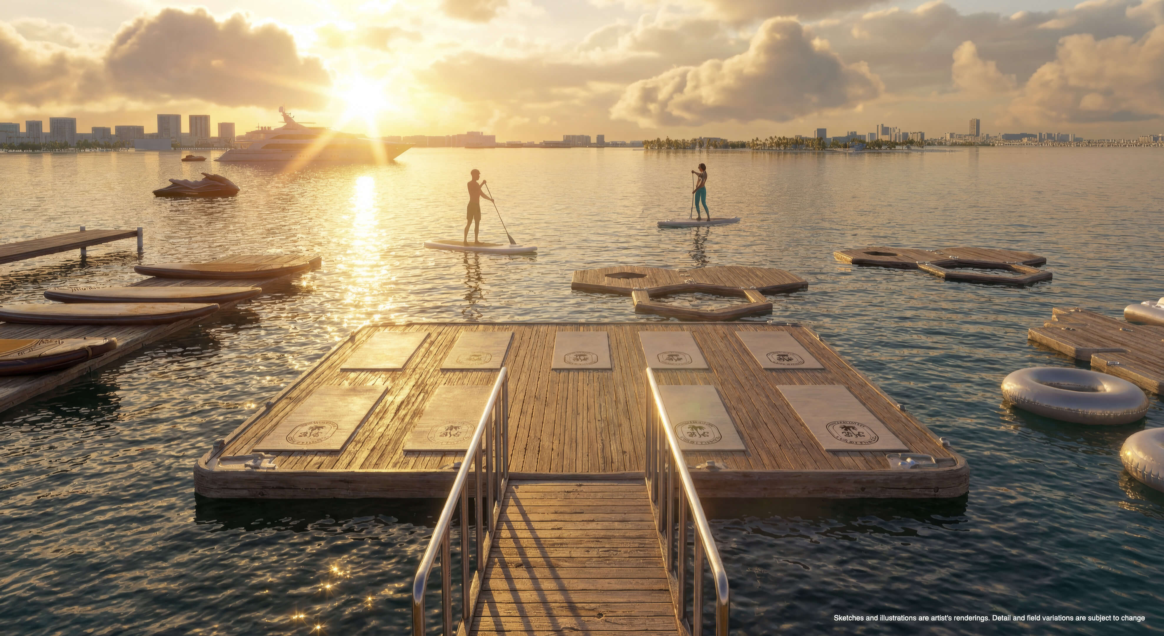 Paddleboard dock at Continuum 12000 North Miami with waterfront recreation and sunset views