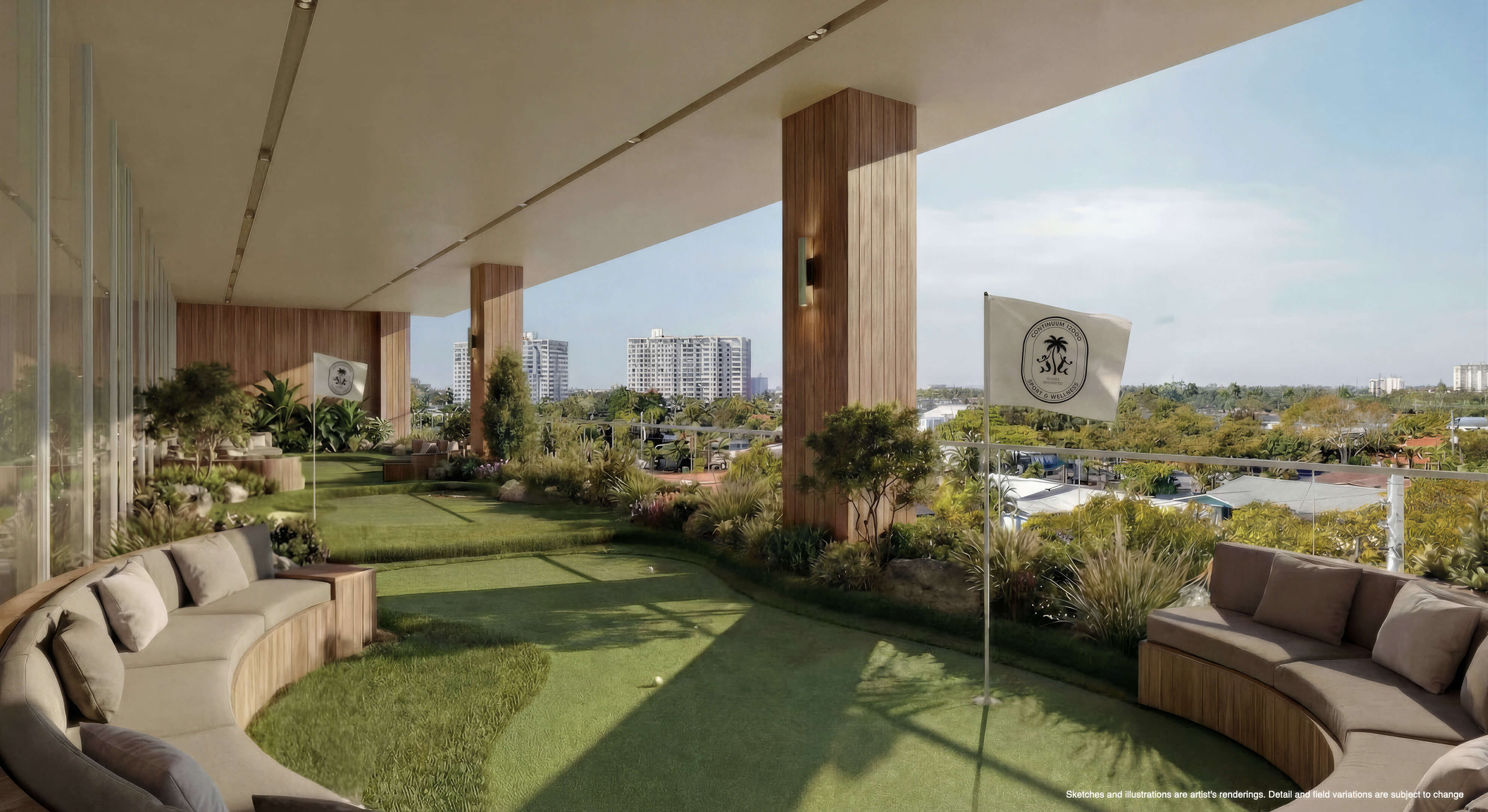 Landscaped putting green terrace at Continuum 12000 North Miami with lounge seating and city views