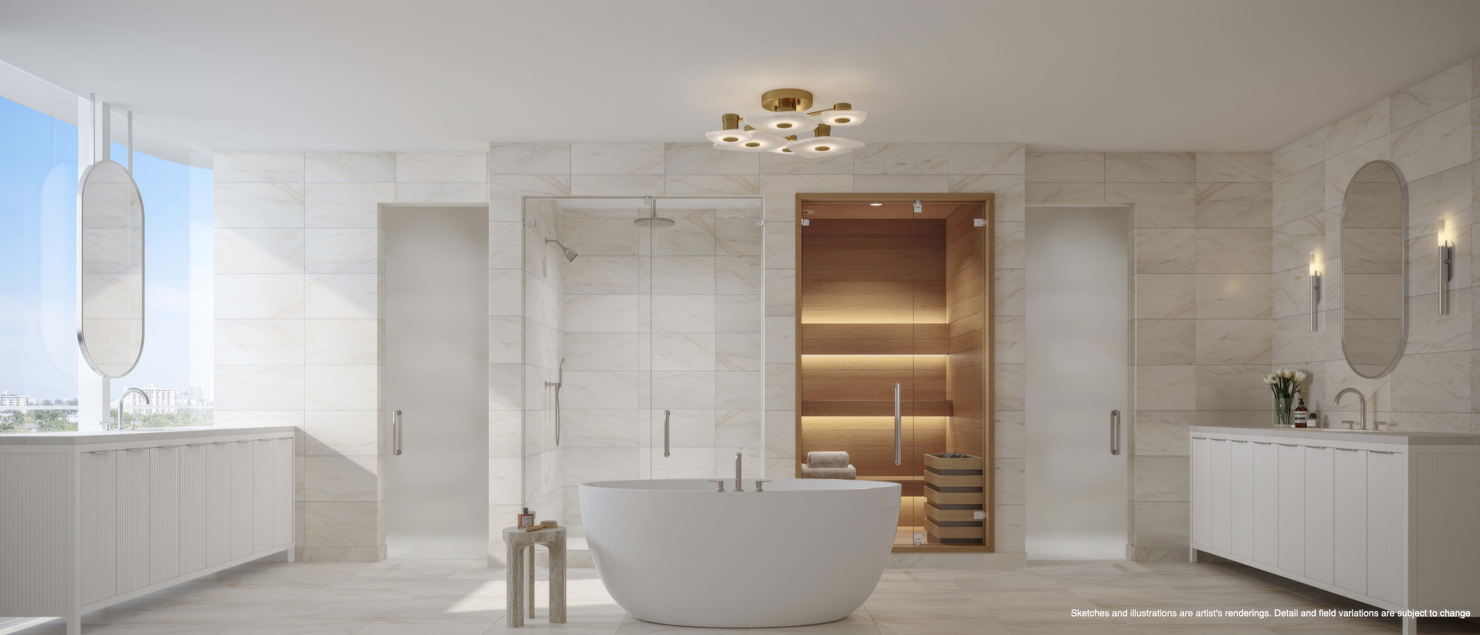 Luxury spa bathroom at Continuum 12000 North Miami with freestanding bathtub, shower and private sauna