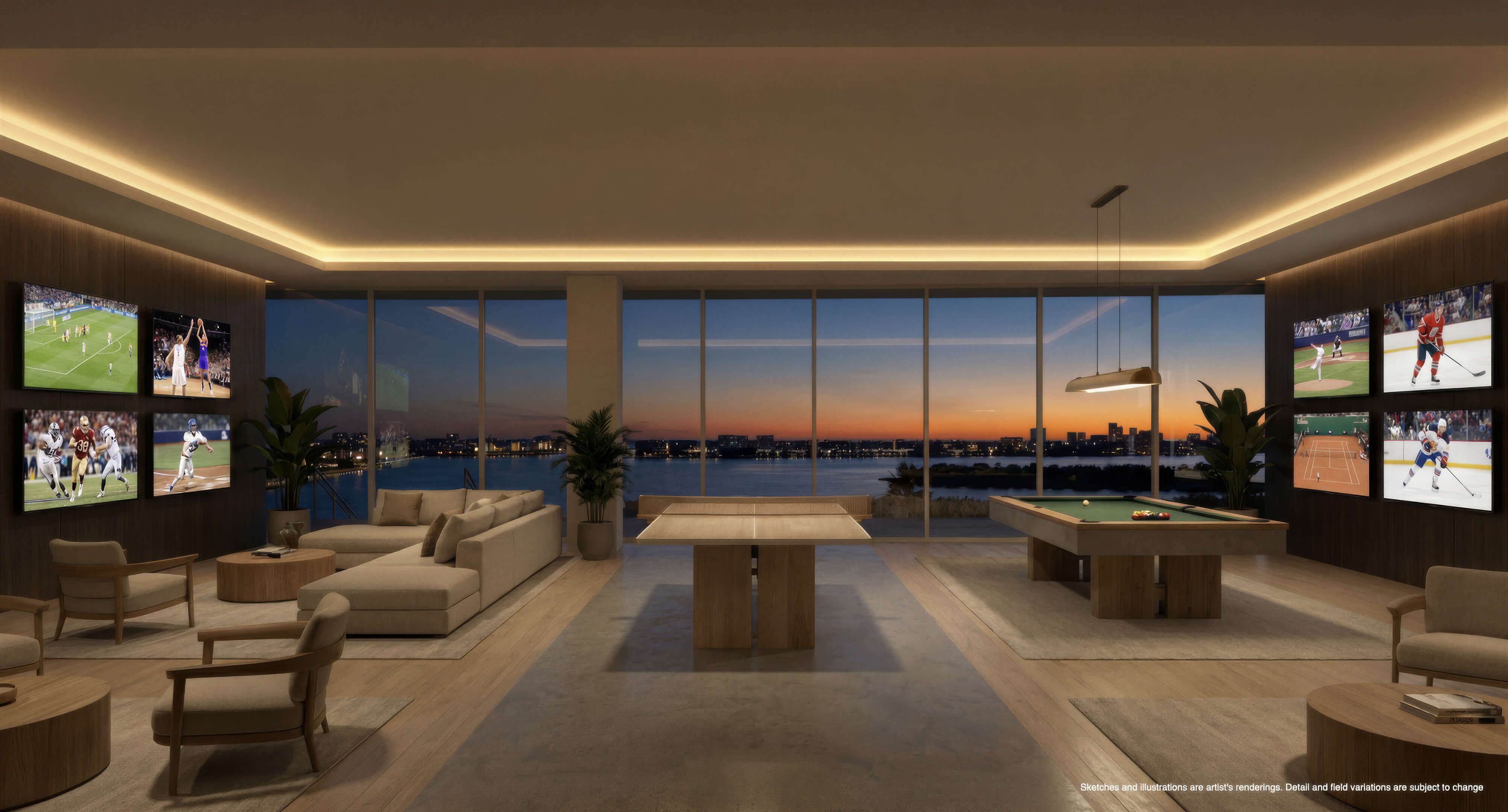 Sports game room at Continuum 12000 North Miami with billiards, table tennis and multiple TV screens