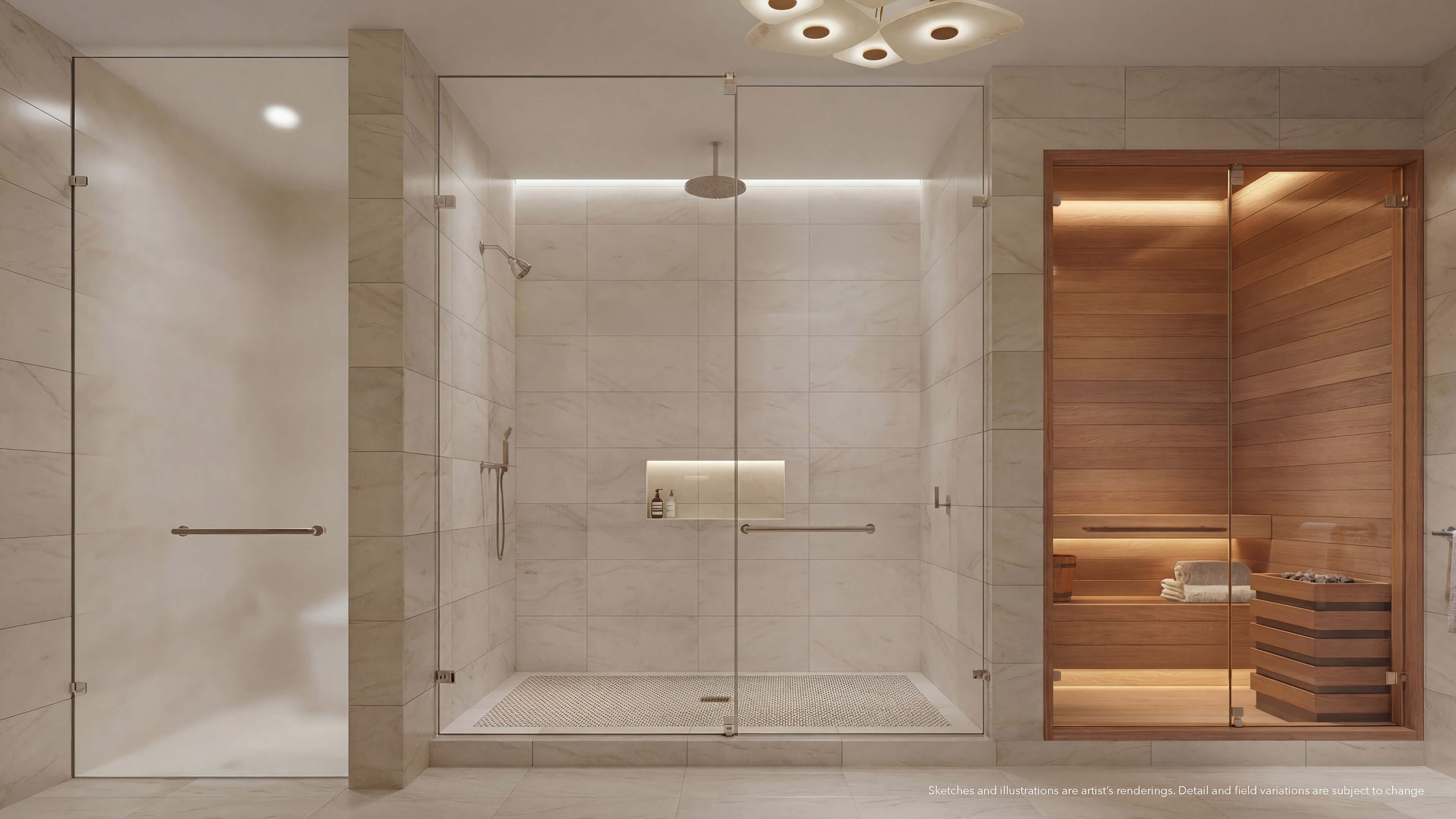 Spa bathroom at Continuum 12000 North Miami with glass walk-in shower and wood sauna
