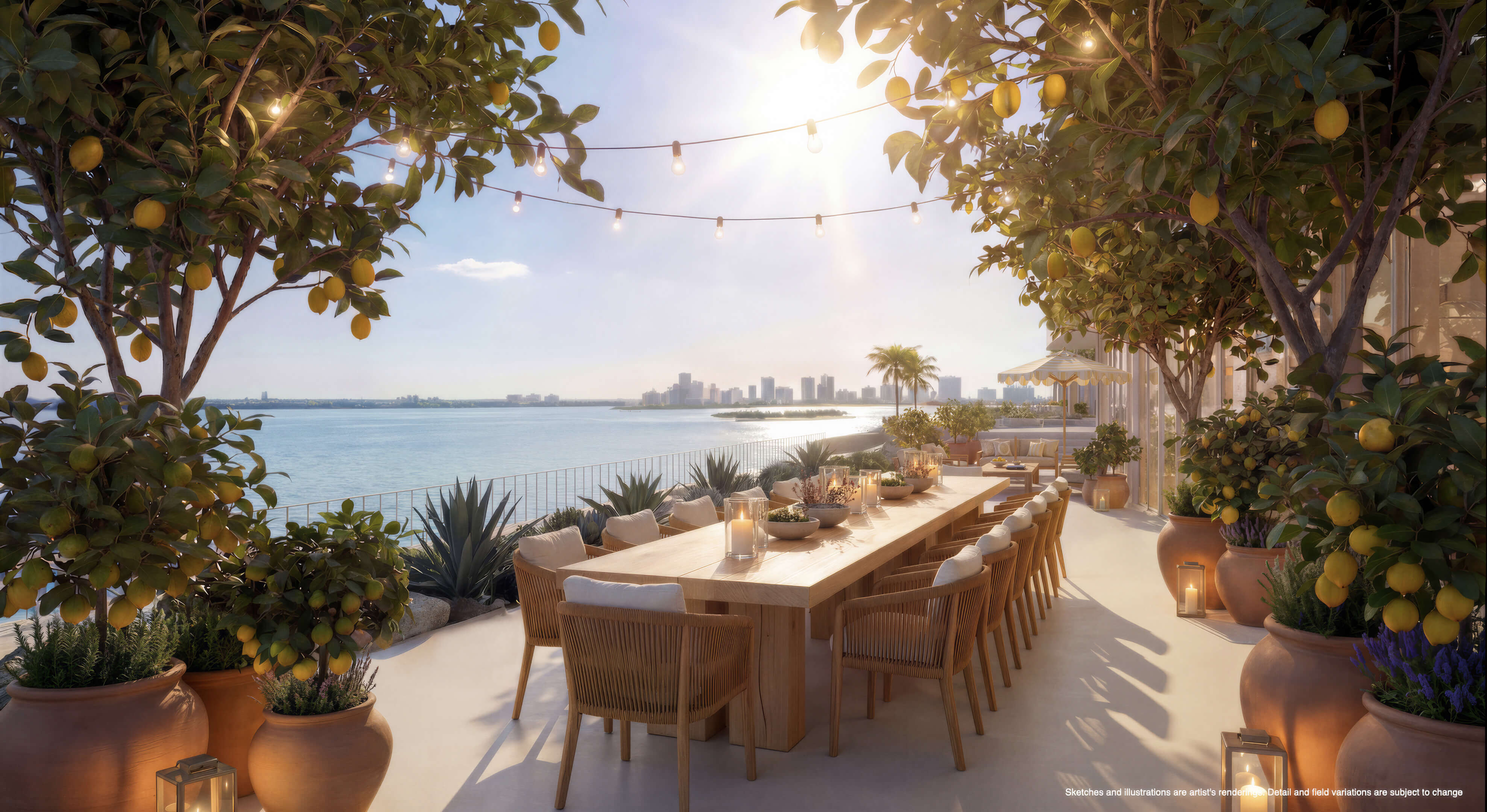 Waterfront dining terrace at Continuum 12000 North Miami surrounded by lemon trees and Biscayne Bay views