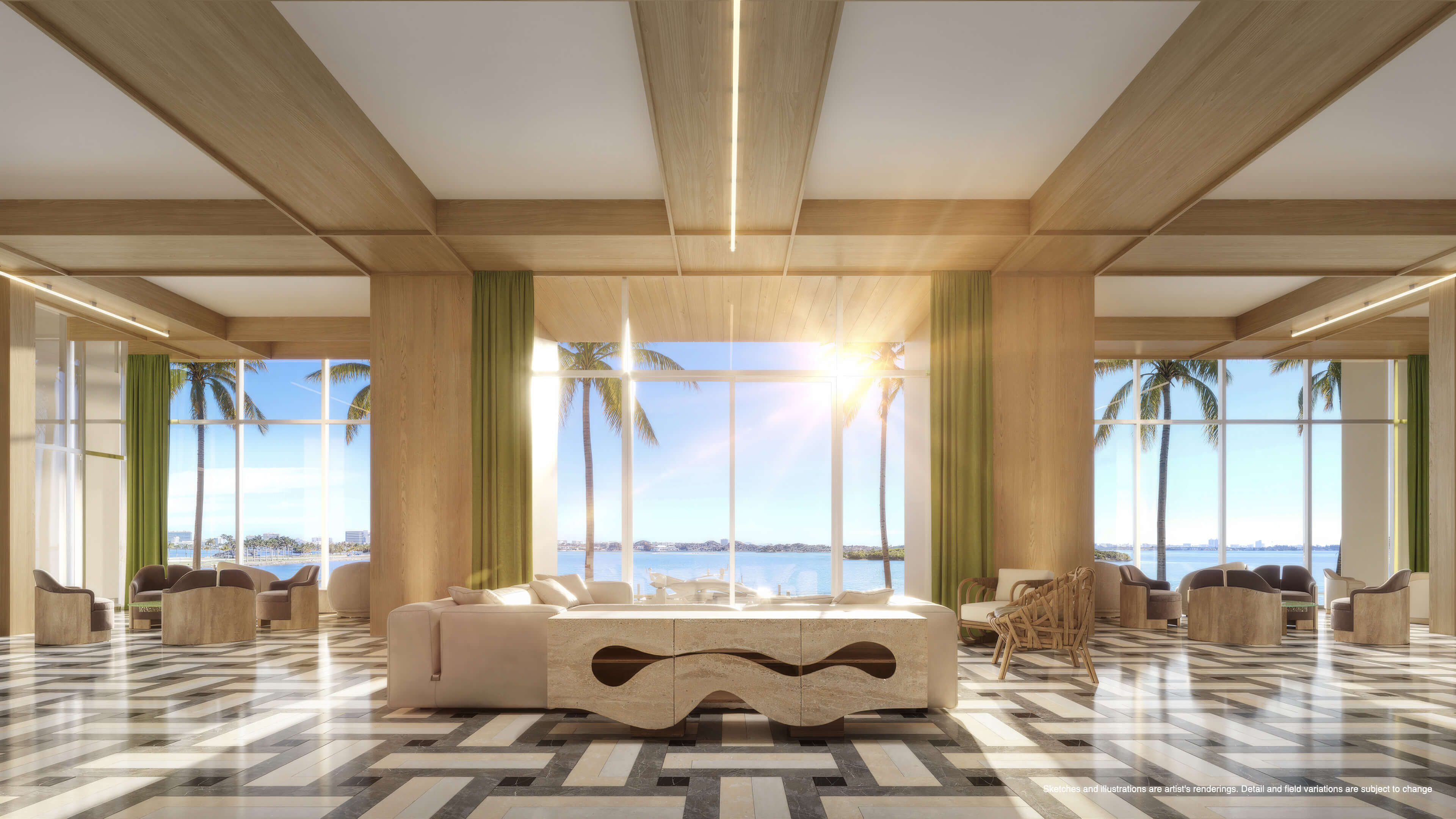 Waterfront lobby at Continuum 12000 North Miami with contemporary lounge seating and Biscayne Bay views
