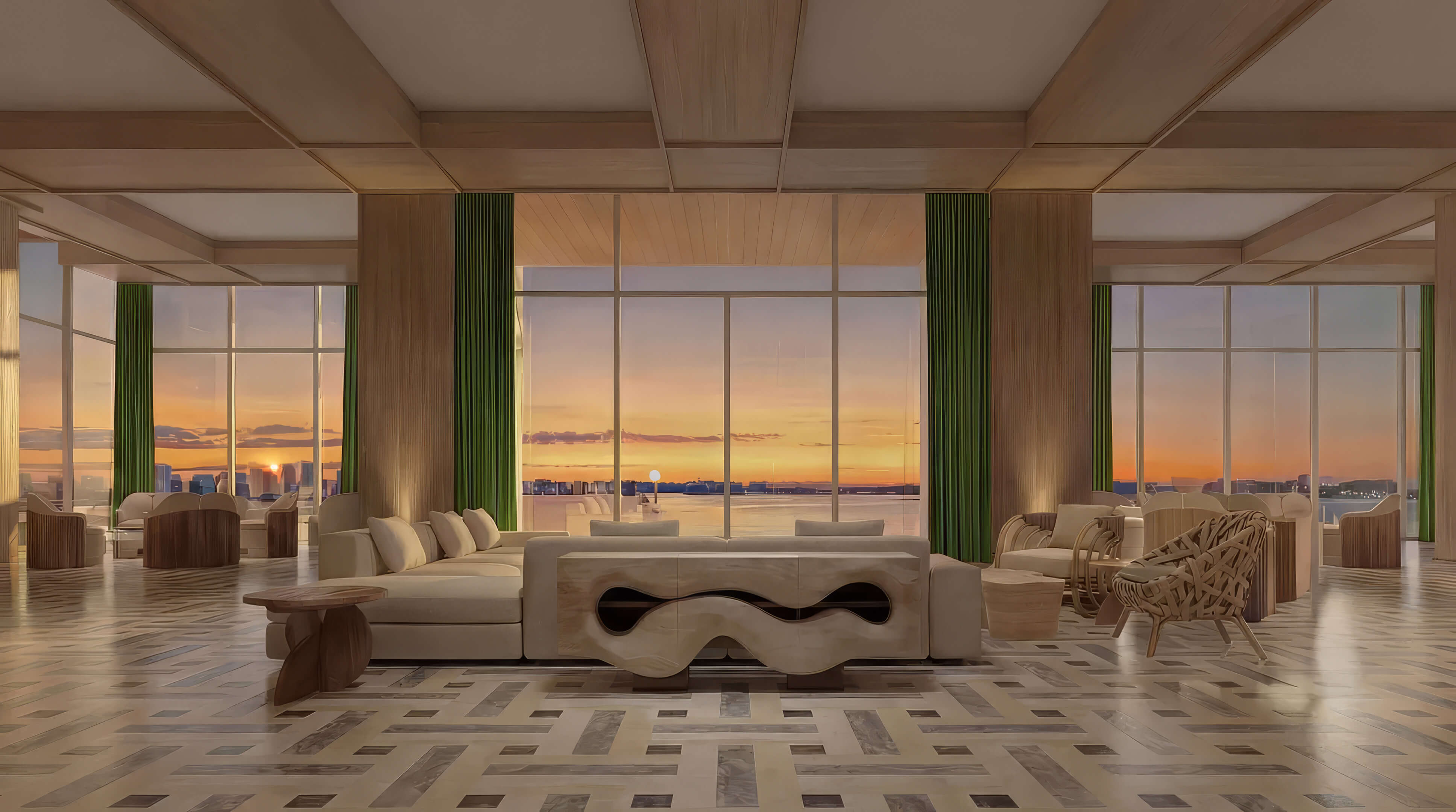 Waterfront lounge at Continuum 12000 North Miami with elegant seating and panoramic sunset views