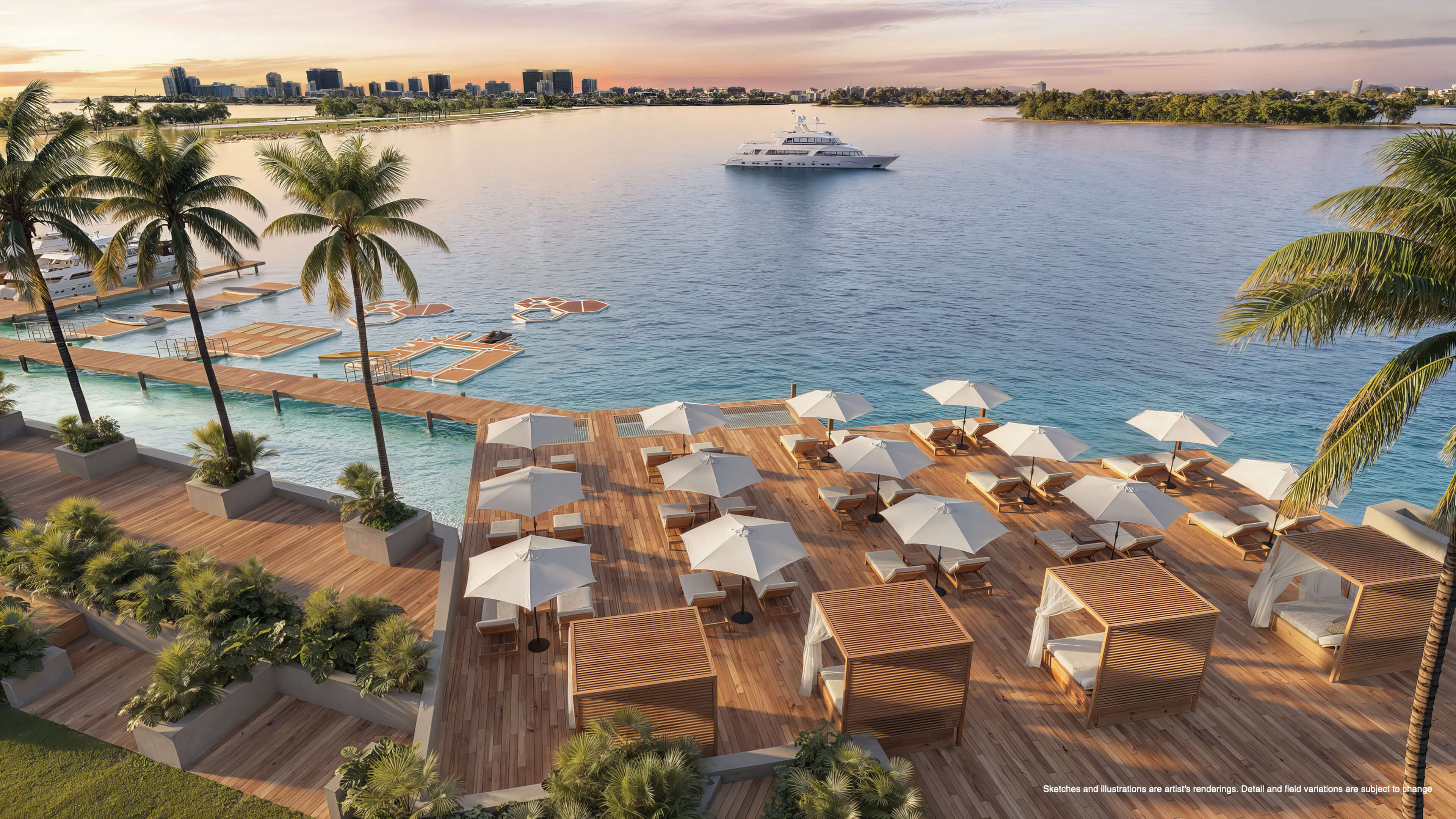 Waterfront sundeck at Continuum 12000 North Miami with cabanas, loungers and marina views
