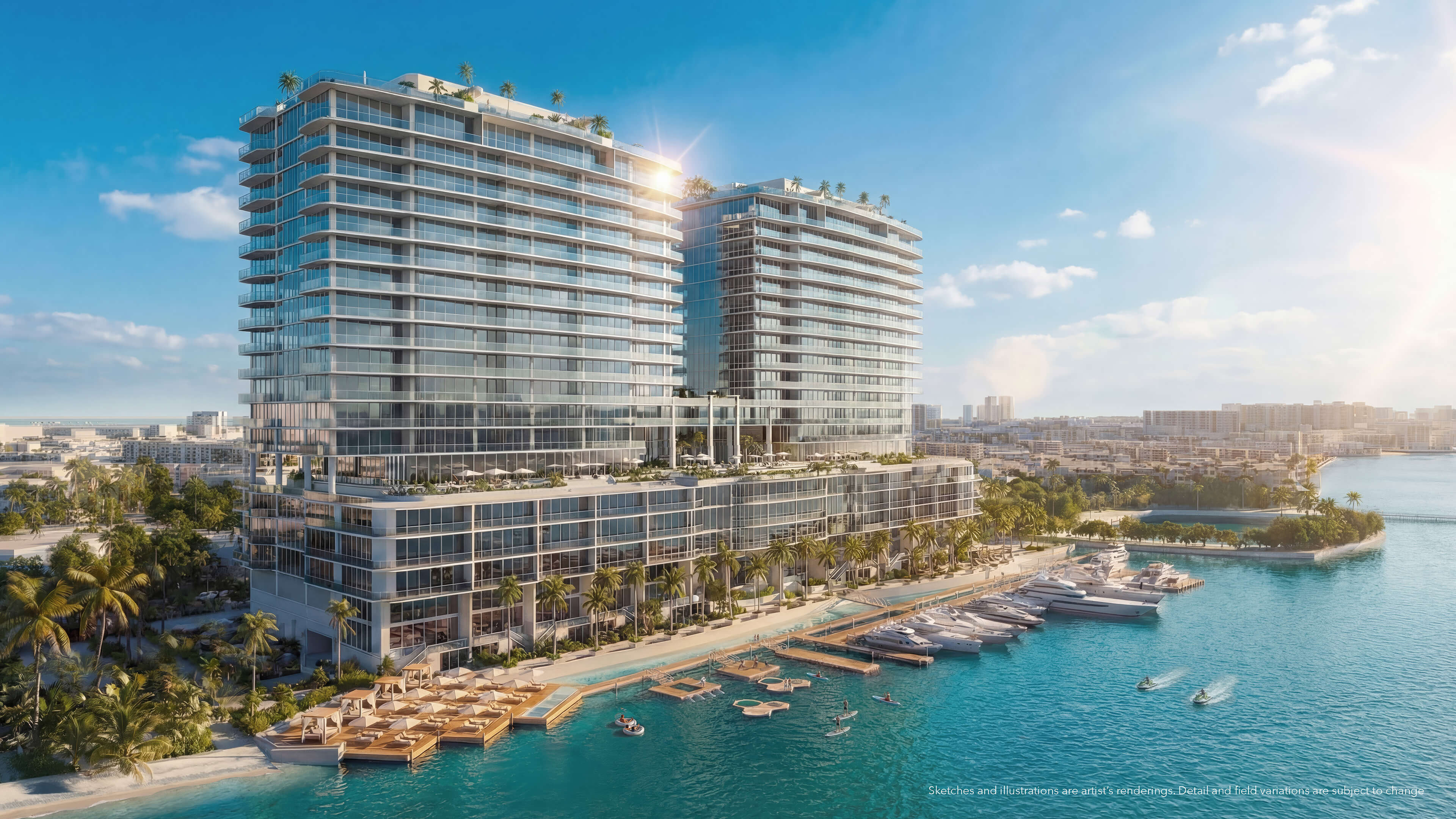 Waterfront towers and private marina at Continuum 12000 North Miami overlooking Biscayne Bay