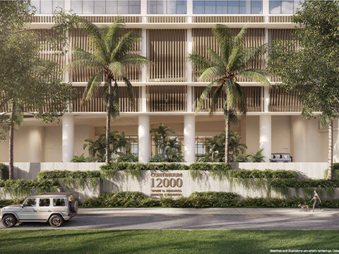 Landscaped entrance of Continuum 12000 North Miami with palm trees and modern architecture