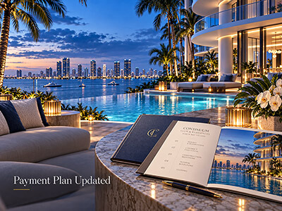 Payment plan update illustration for Continuum Club & Residences North Bay Village, with a waterfront pool and purchase documents