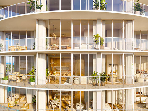 Luxury residential balconies at Continuum Club & Residences with panoramic water views and contemporary design
