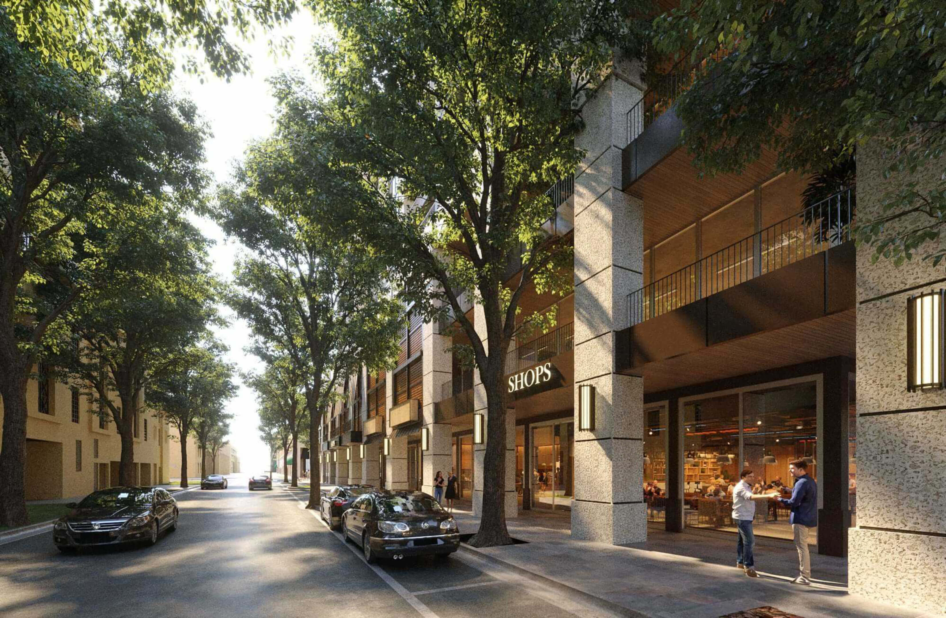 Morning light over retail frontage of Cora Merrick Park with 4241 signage and café terrace