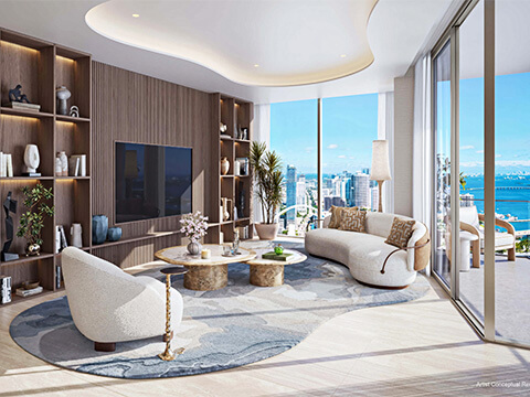 Luxury living room interior at Delano Residences Miami with floor-to-ceiling windows and bay view