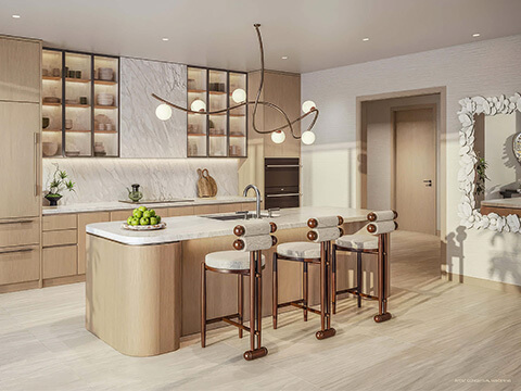 Modern kitchen rendering at Delano Residences Miami with marble backsplash and oversized island
