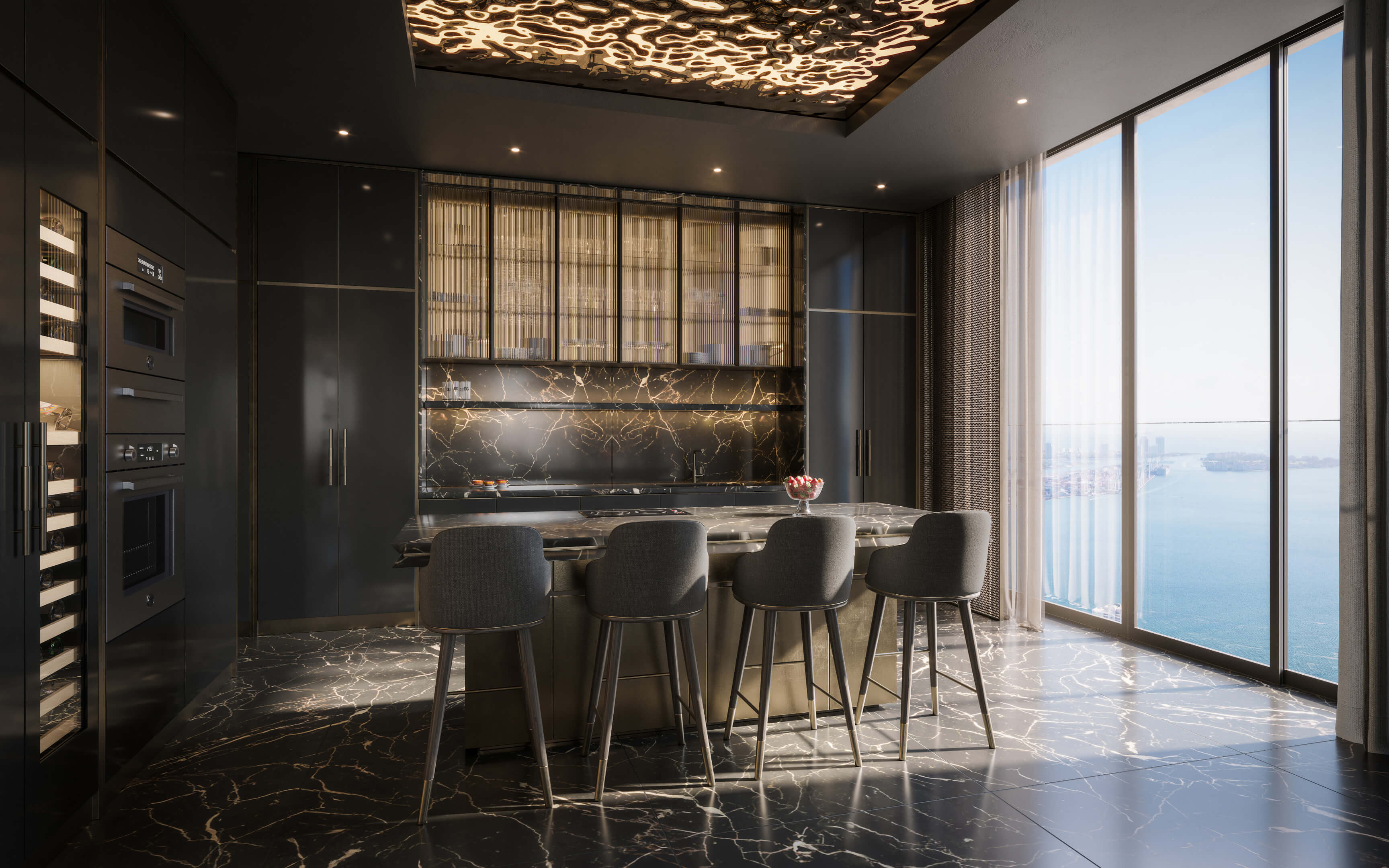 Luxurious dark-themed kitchen at 888 Brickell Ave with ocean-facing floor-to-ceiling windows