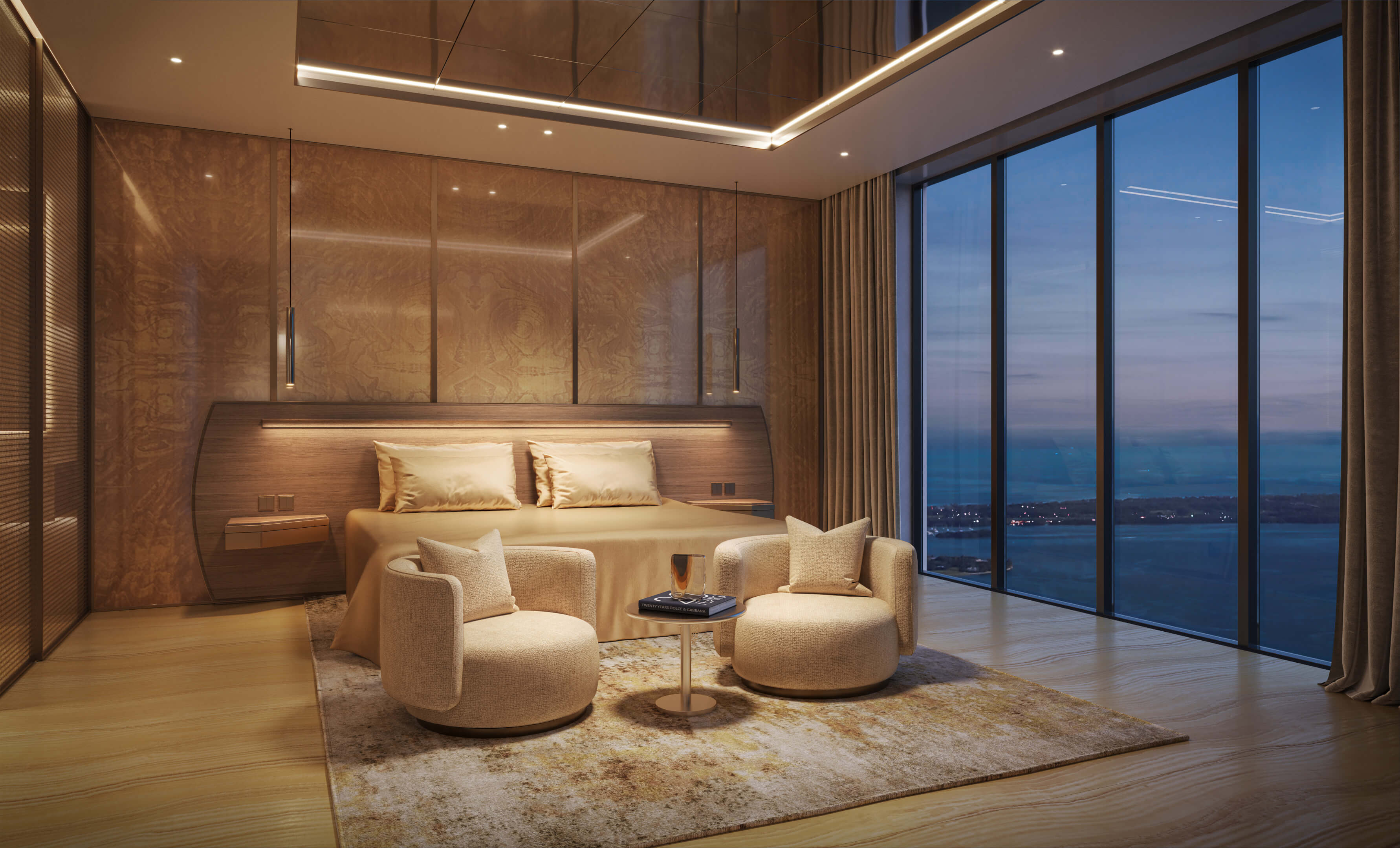 Opulent golden-toned bedroom at 888 Brickell Ave with high-rise night views