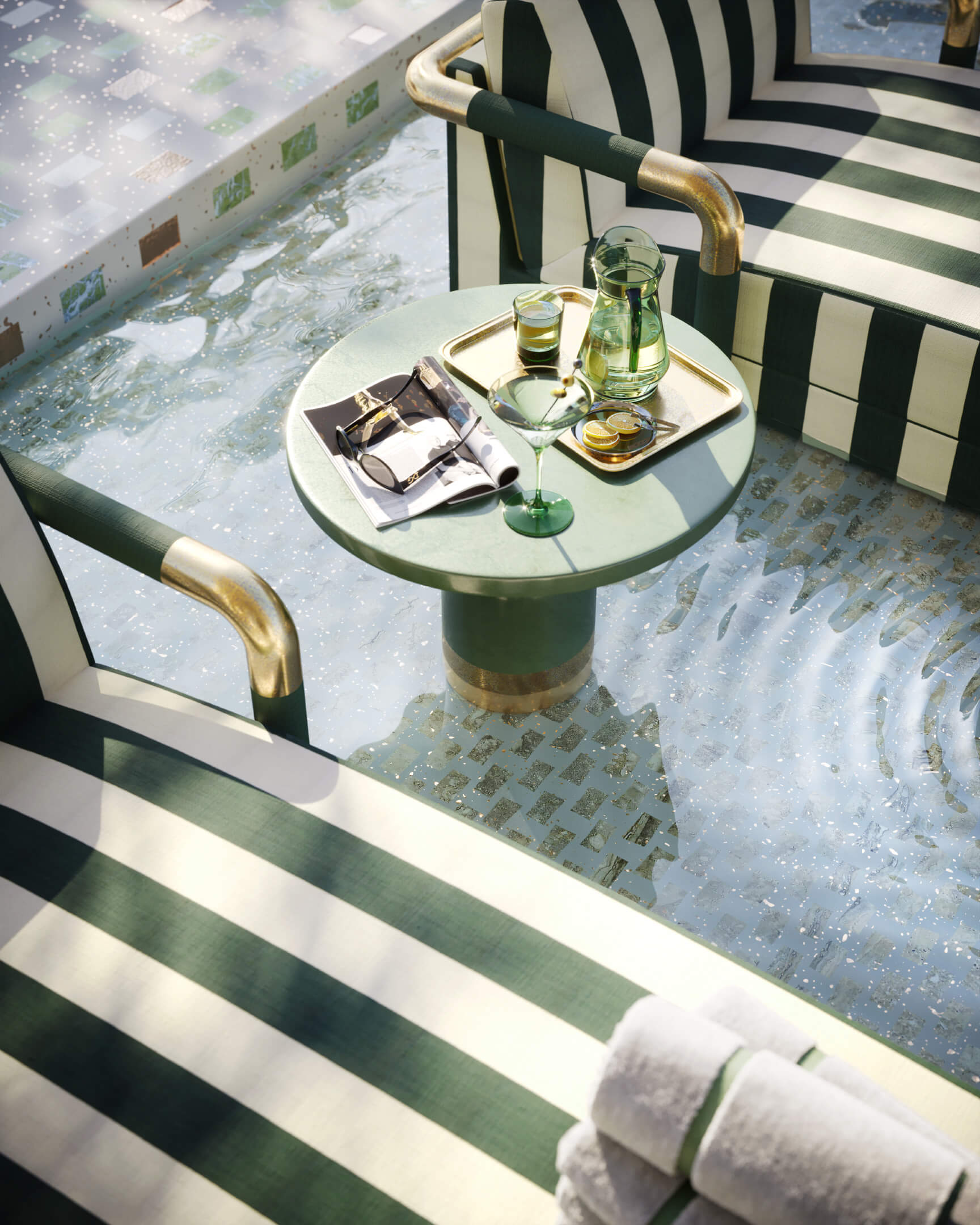 Close-up of luxury poolside setup at 888 Brickell Ave with striped furniture and cocktail tray