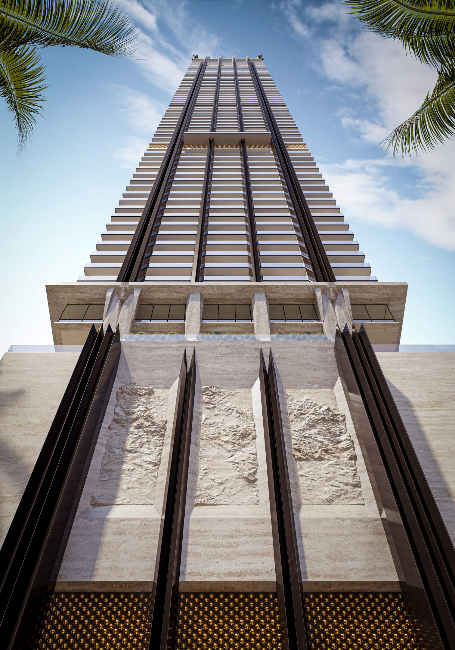 888 Brickell Ave vertical architectural perspective from street level
