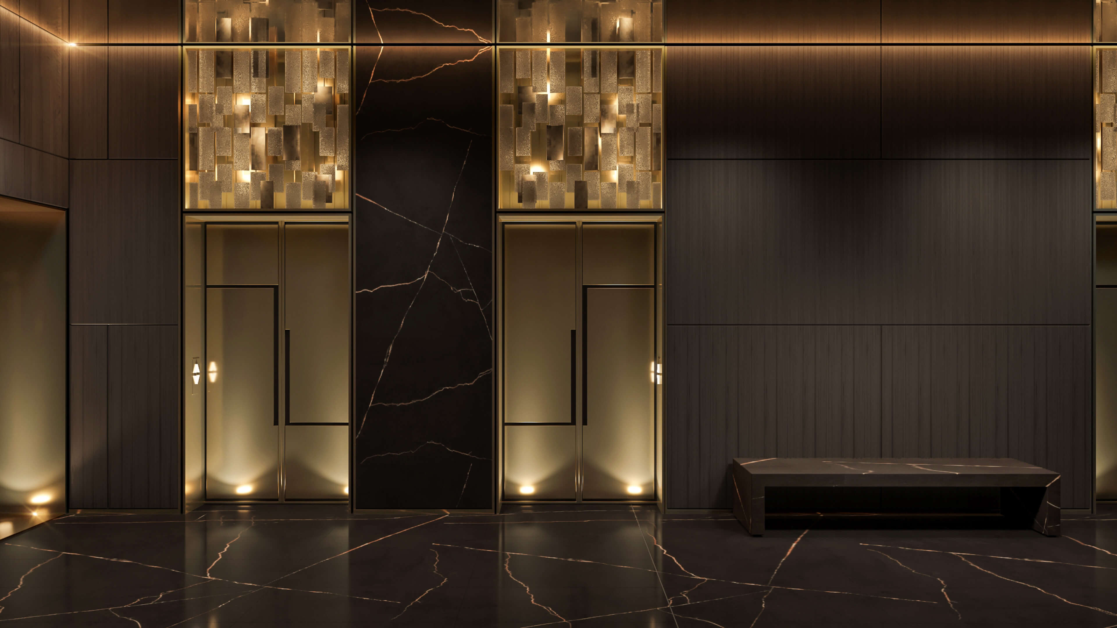 Contemporary elevator lobby at 888 Brickell Ave with dark tones and golden lighting
