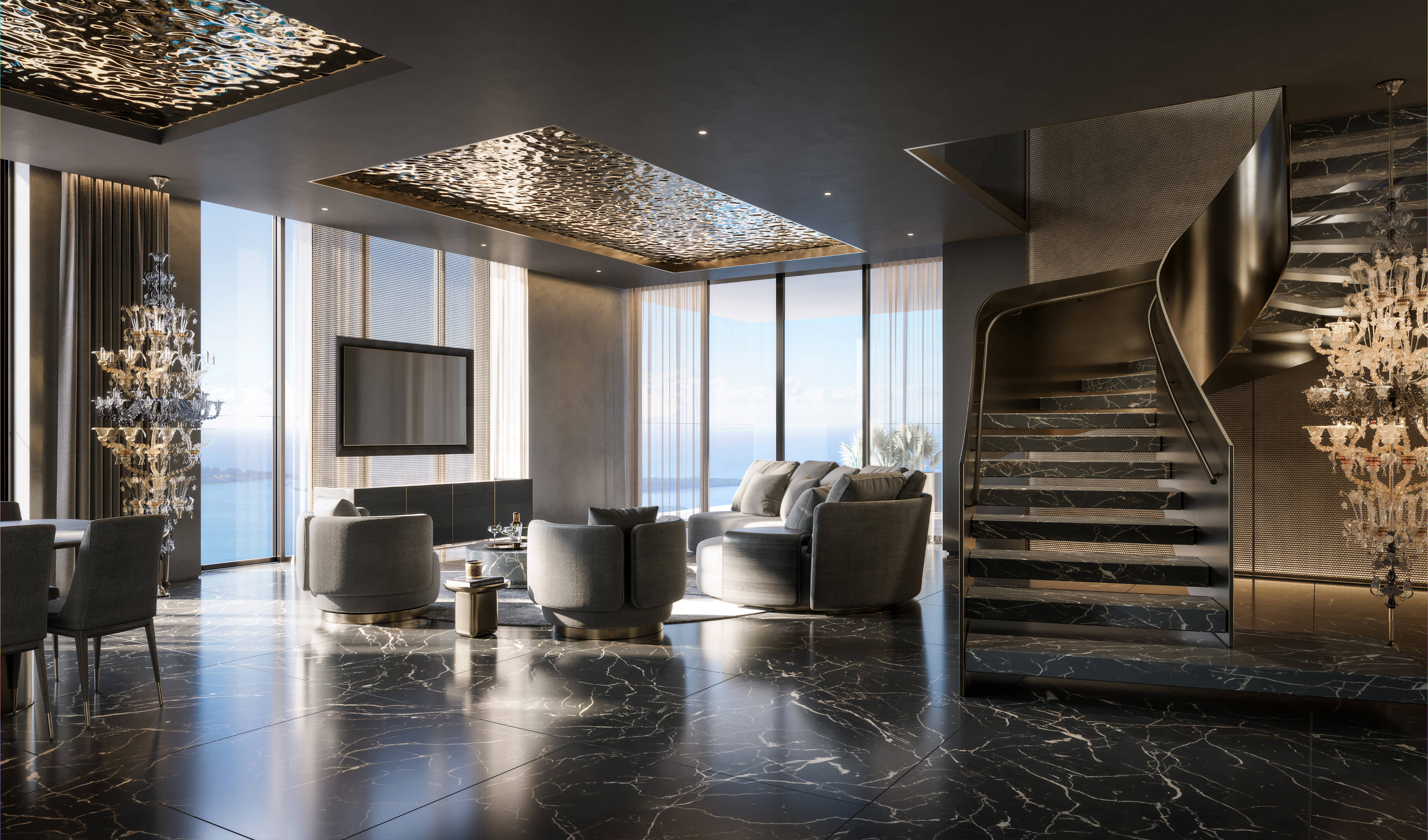 Contemporary living room in 888 Brickell Ave penthouse with elegant dark finishes