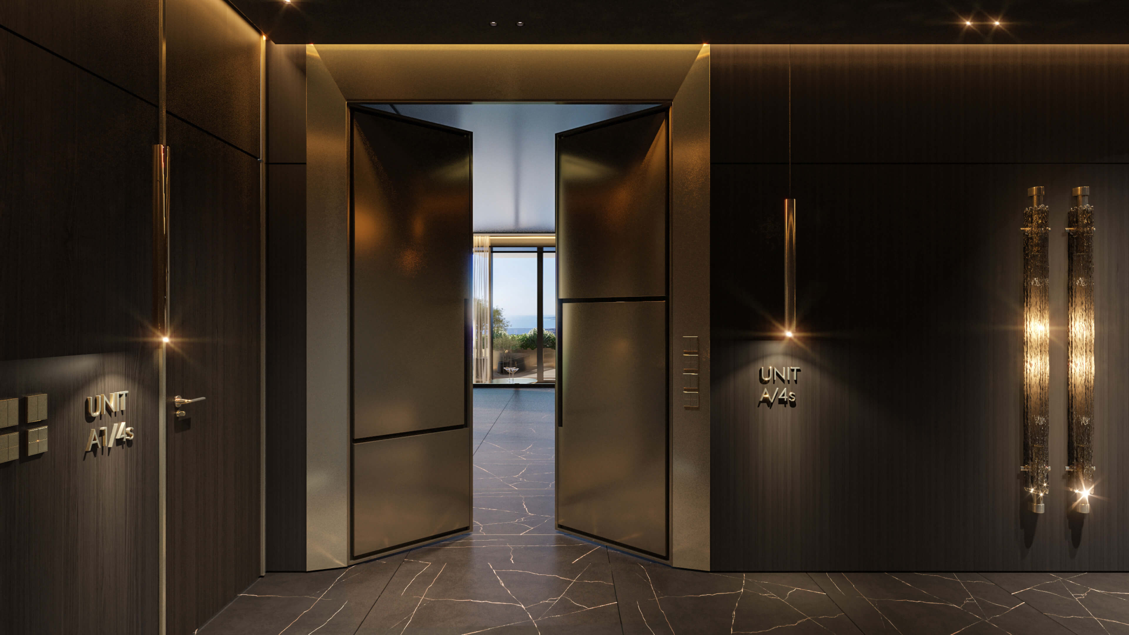 Penthouse entrance at 888 Brickell Ave revealing interior and ocean view