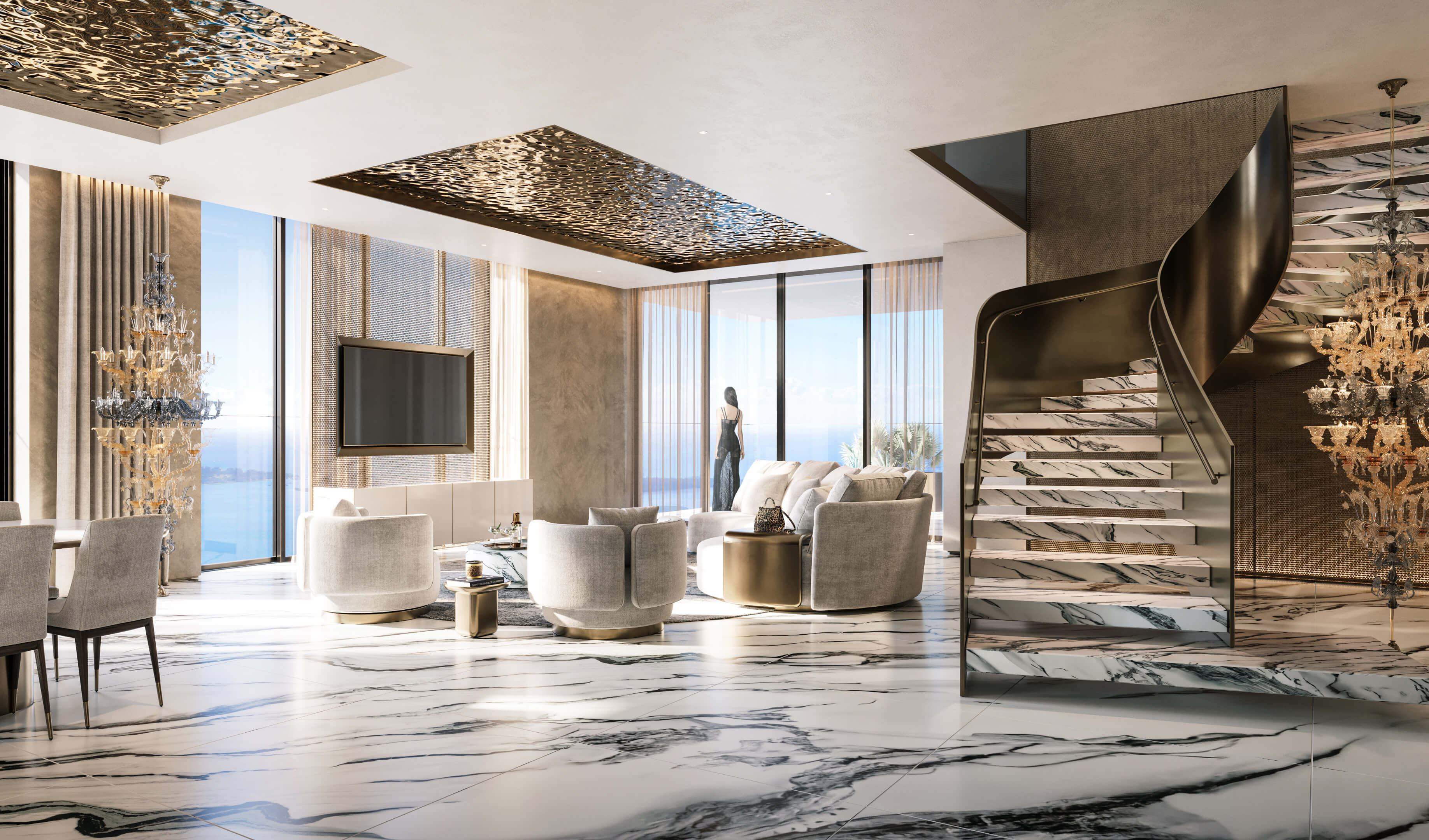 Luxury penthouse interior at 888 Brickell Ave with white marble floors and gold ceiling details
