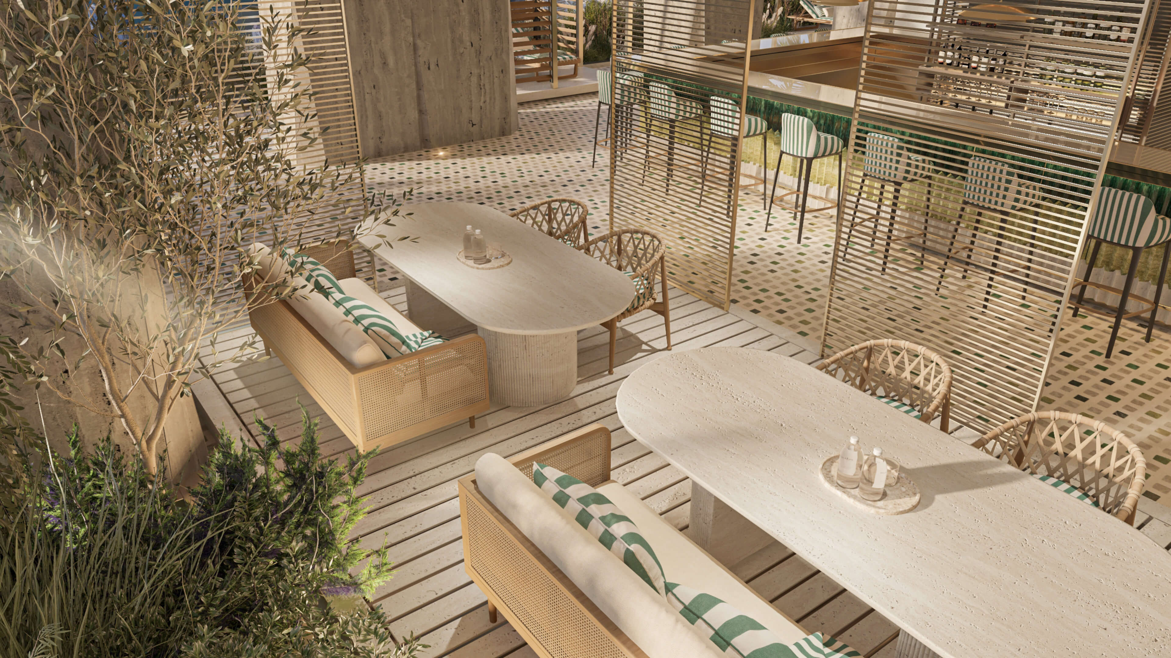 Chic poolside dining space at 888 Brickell Ave with natural materials and outdoor greenery