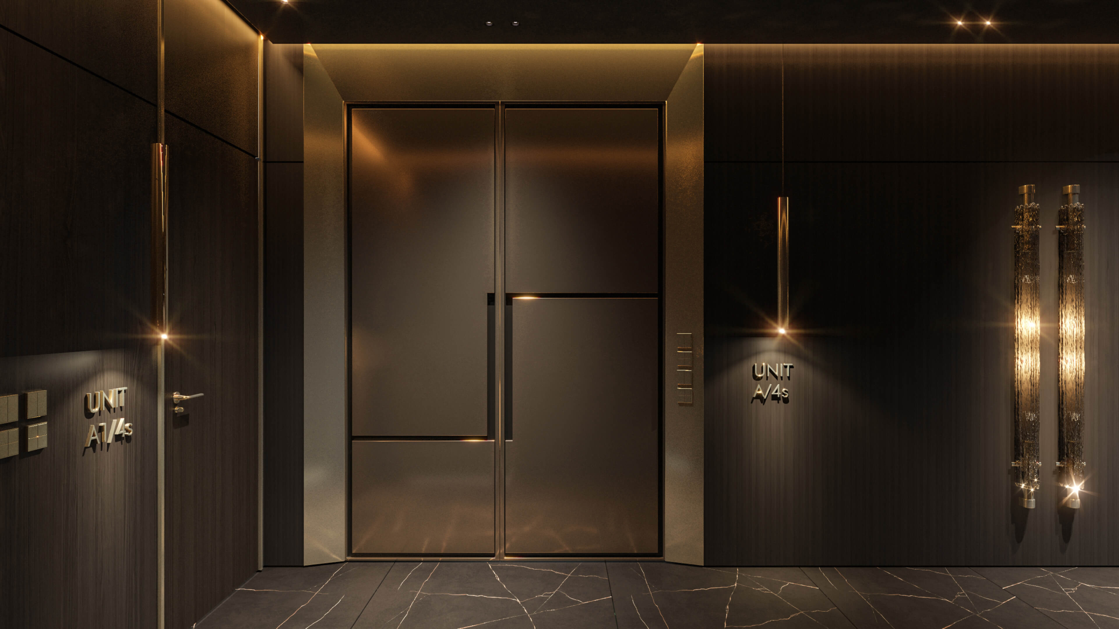 Elegant private residence entry at 888 Brickell Ave with dark wood and ambient lighting