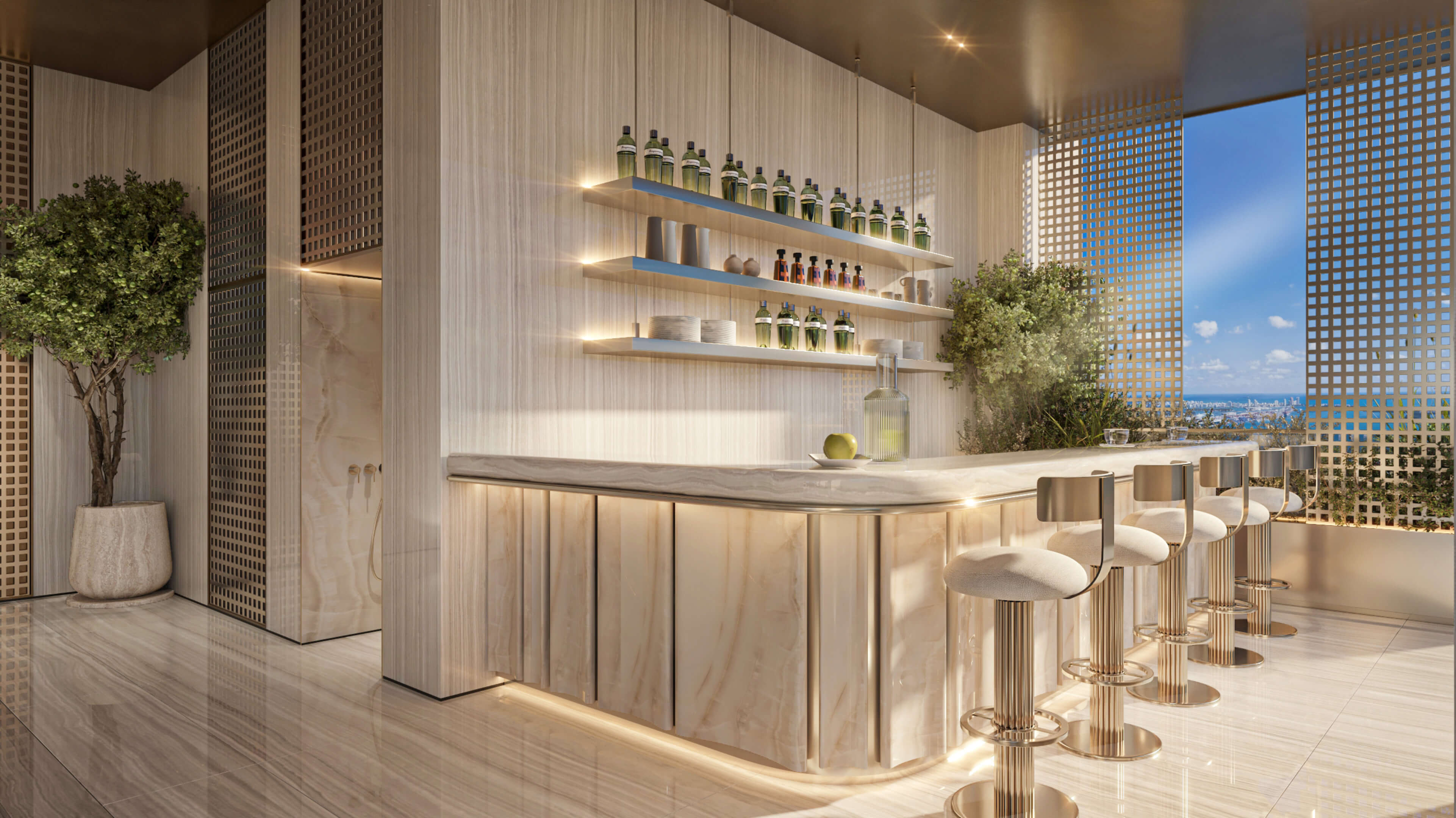 Bright rooftop bar at 888 Brickell Ave with light marble design and Biscayne Bay view