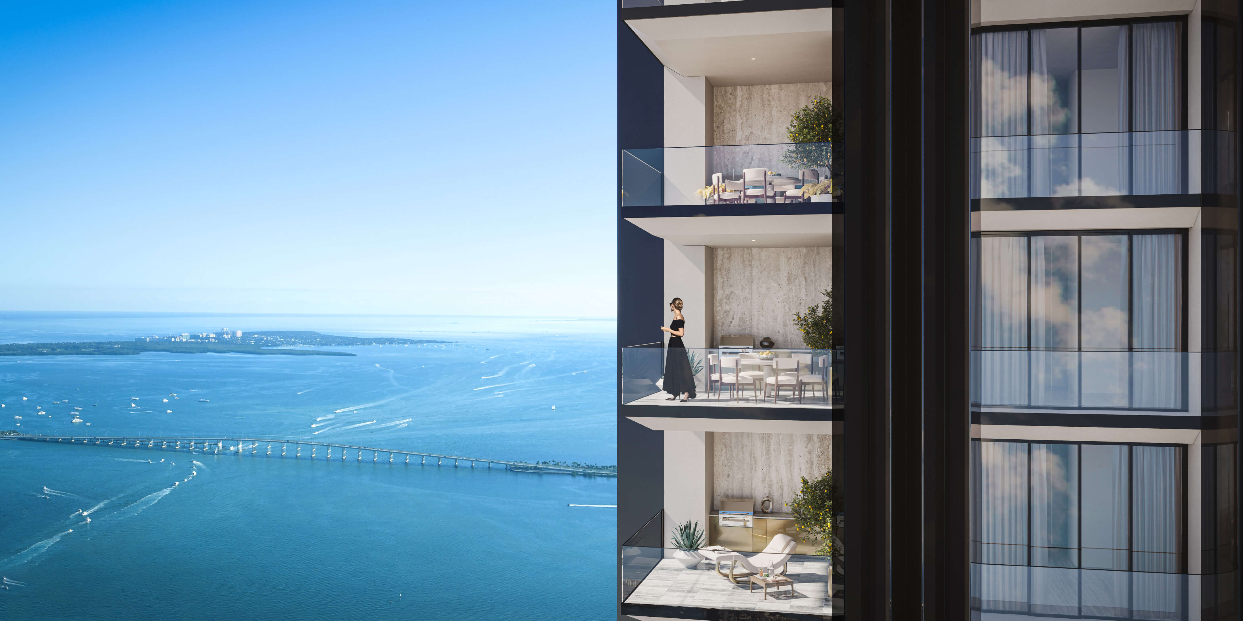 888 Brickell Ave balcony with breathtaking view over Biscayne Bay and the Miami skyline