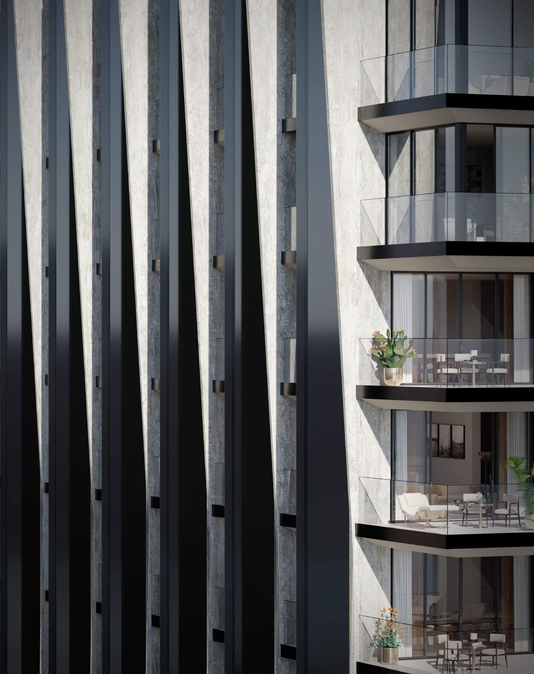 Close-up of Dolce & Gabbana Residences exterior details and glass balconies