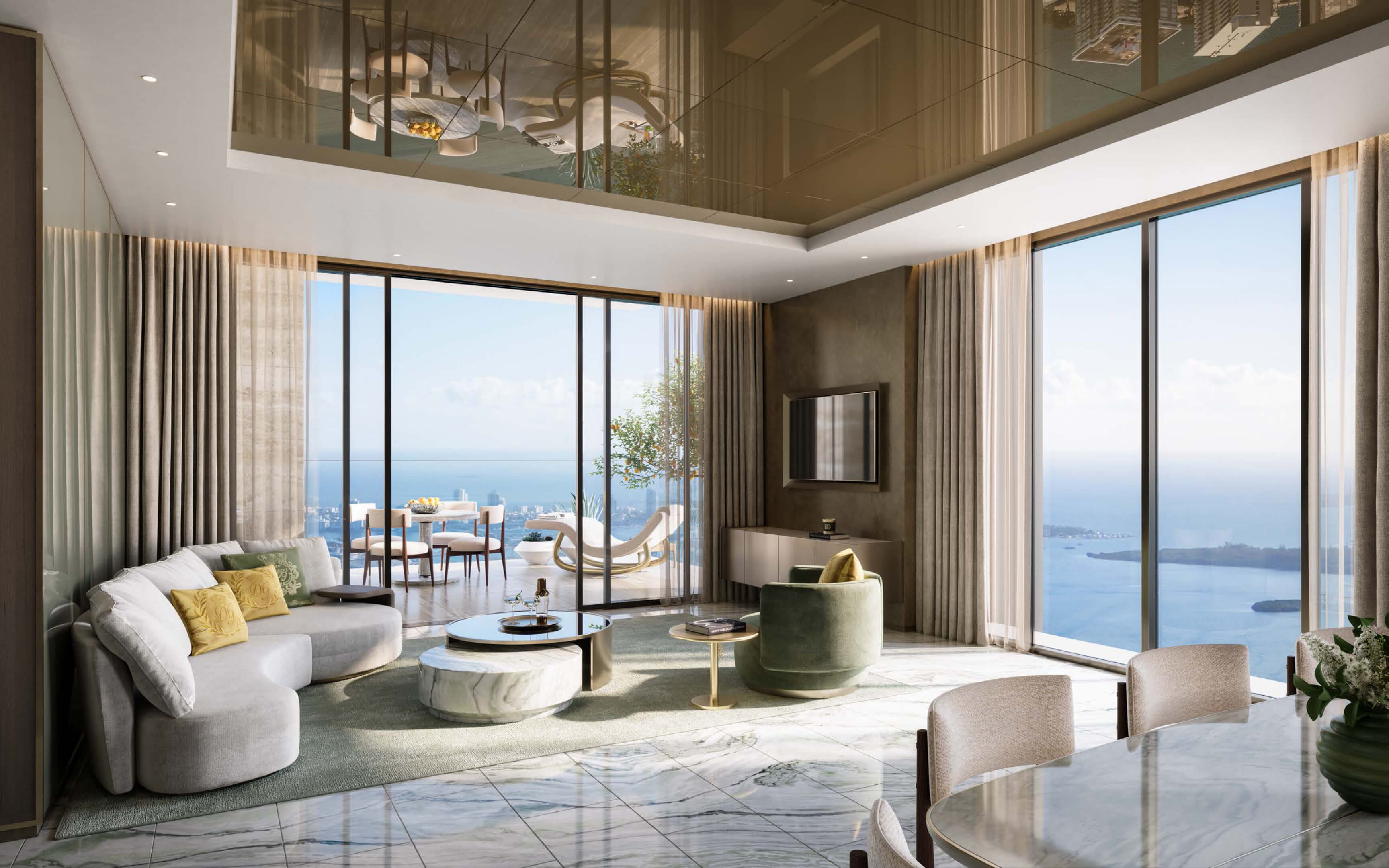 Bright and airy living area at Dolce & Gabbana Residences with panoramic sea views