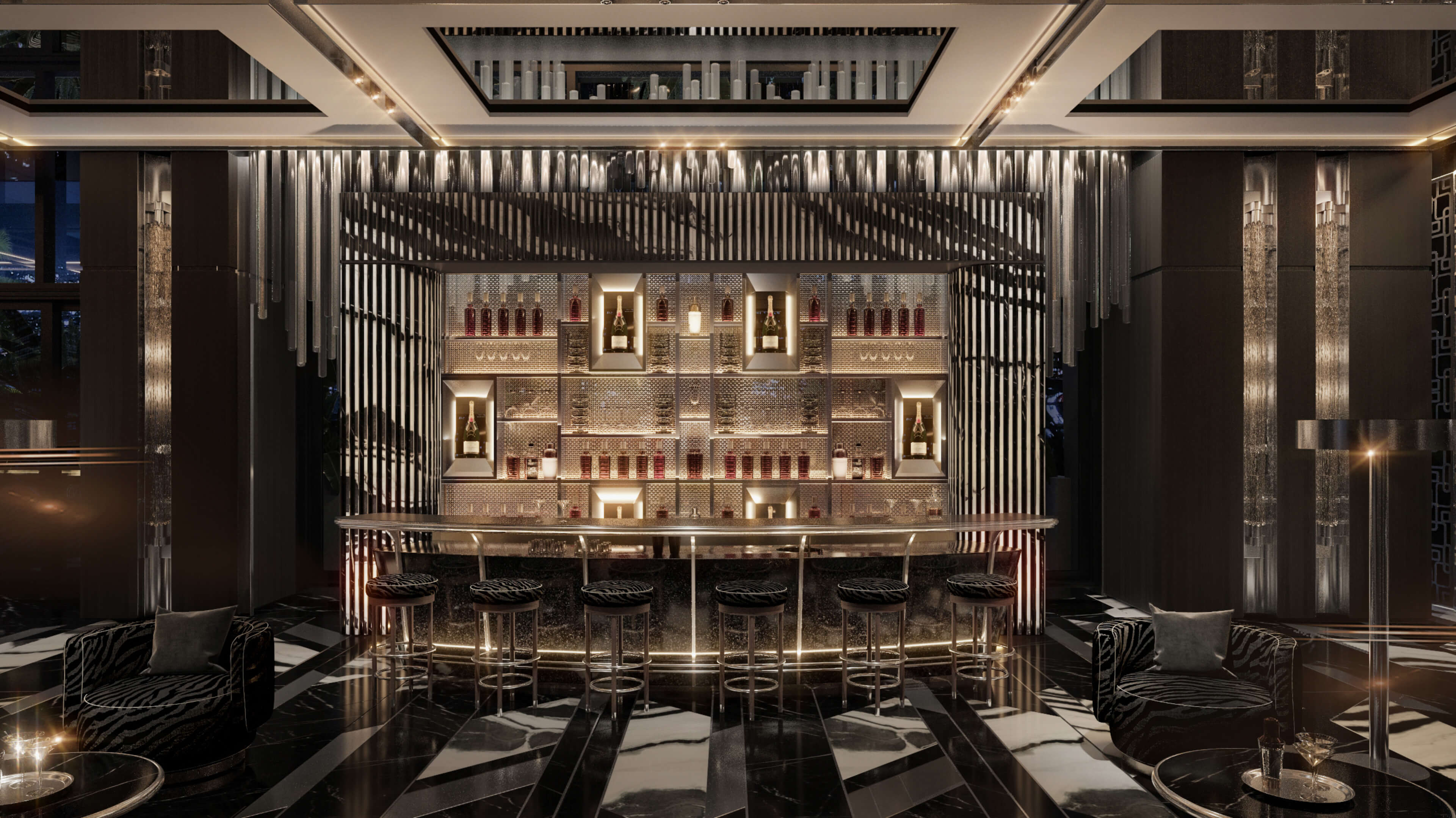 Elegant champagne bar at Dolce & Gabbana Residences with mirrored shelving and refined ambiance