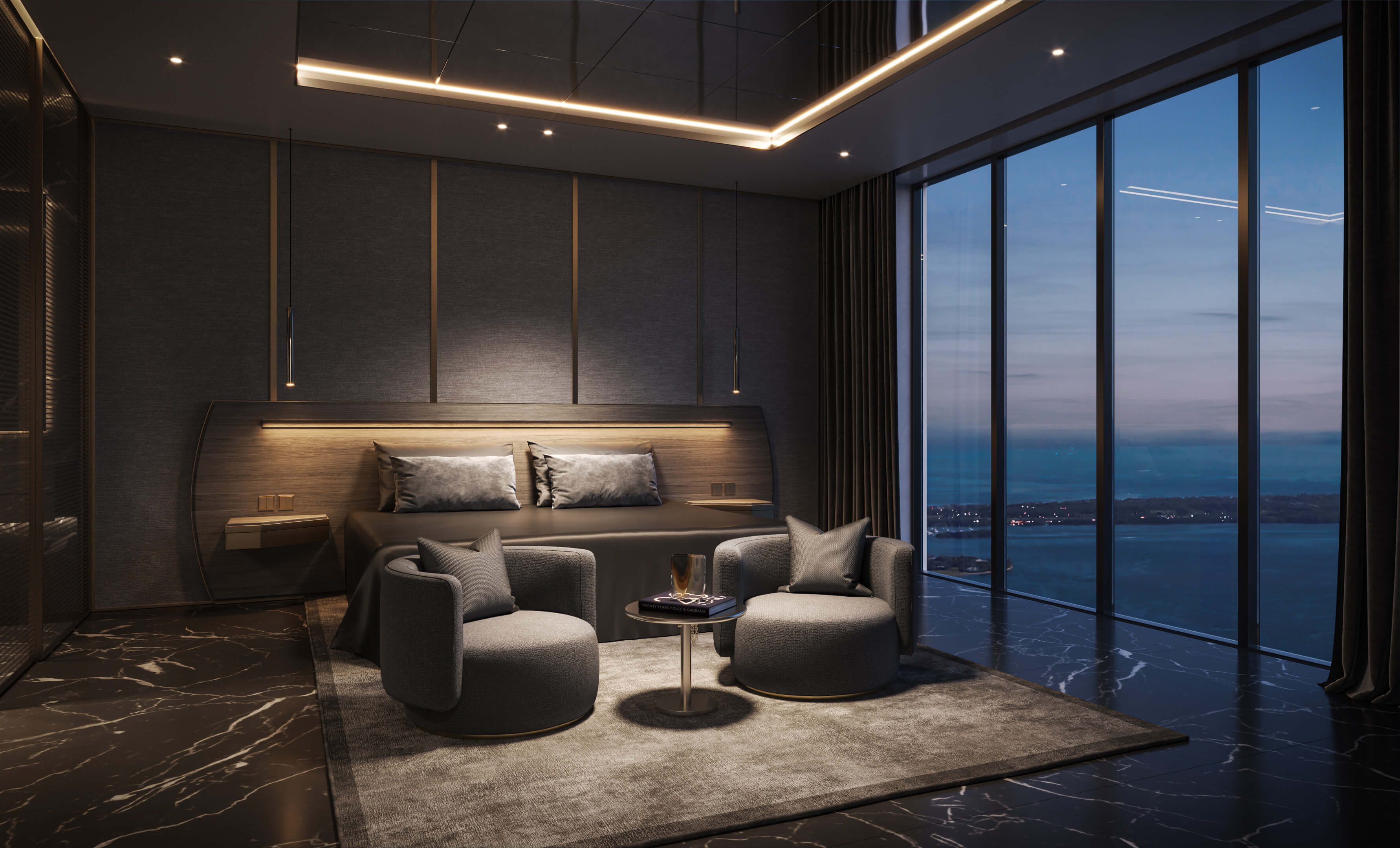 Modern dark-themed bedroom at Dolce & Gabbana Residences with luxury cityscape view