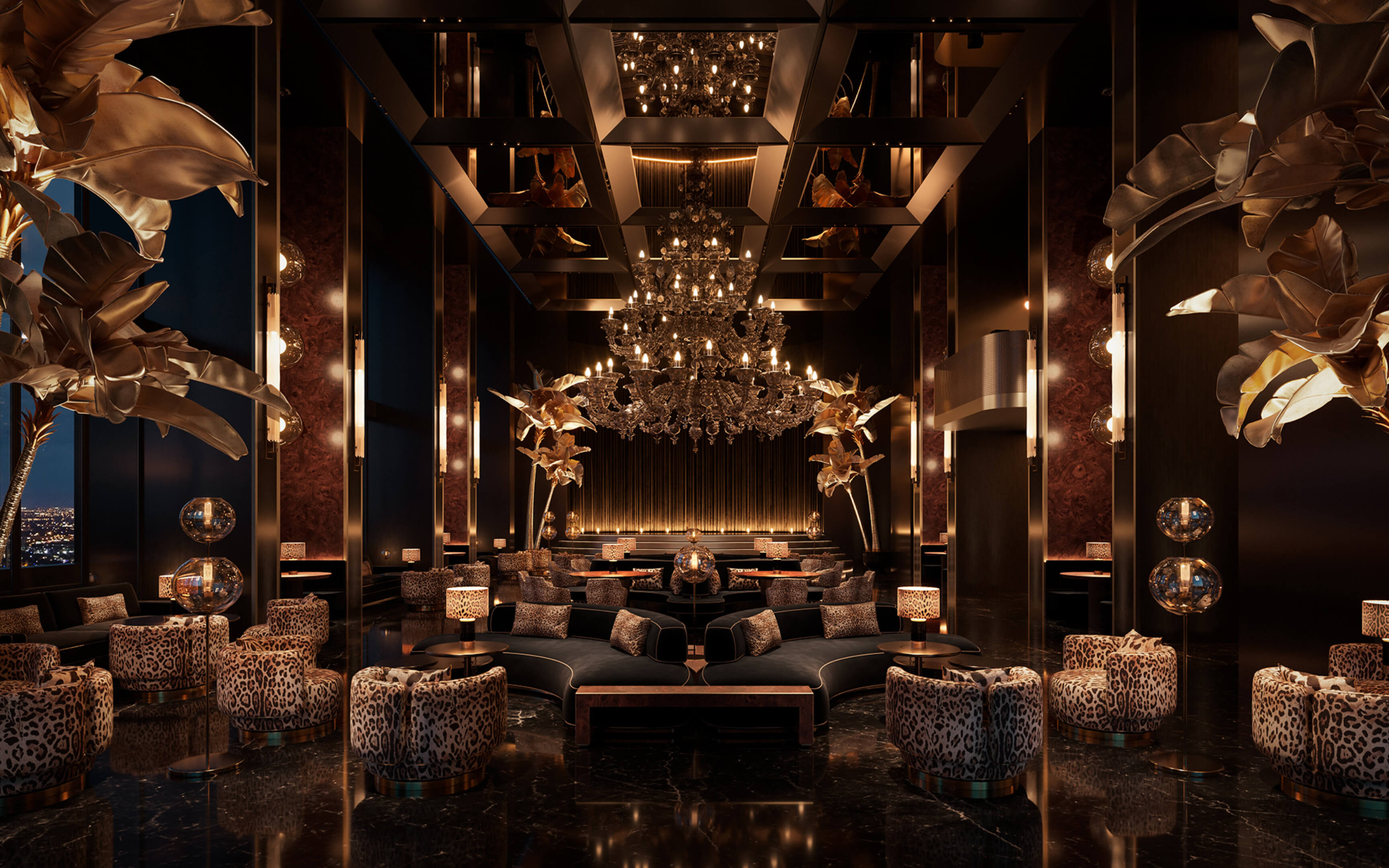 Glamorous leopard lounge at Dolce & Gabbana Residences with golden palm decor and chandeliers