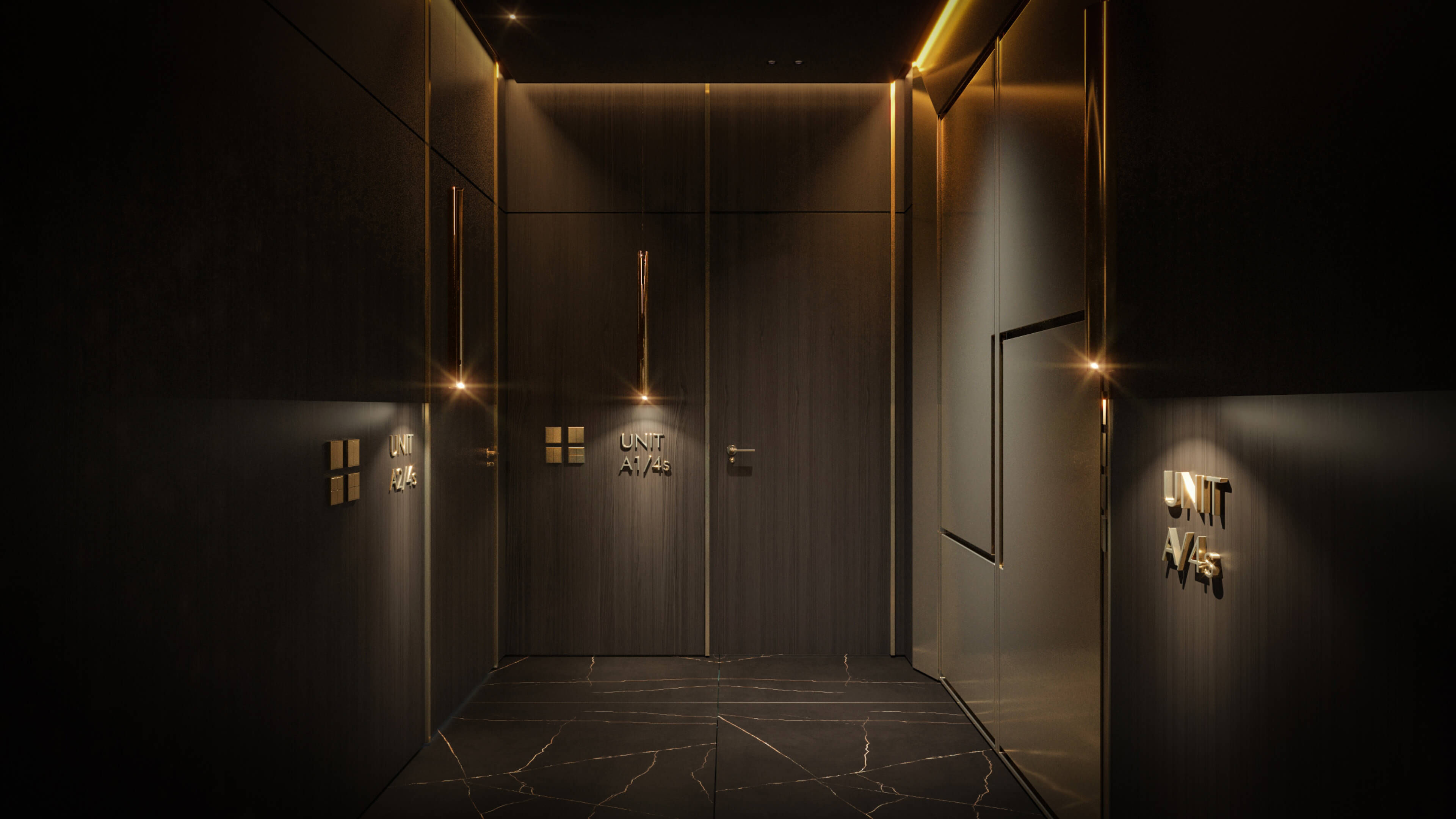 Dolce & Gabbana Residences luxury hallway showcasing modern unit entrances