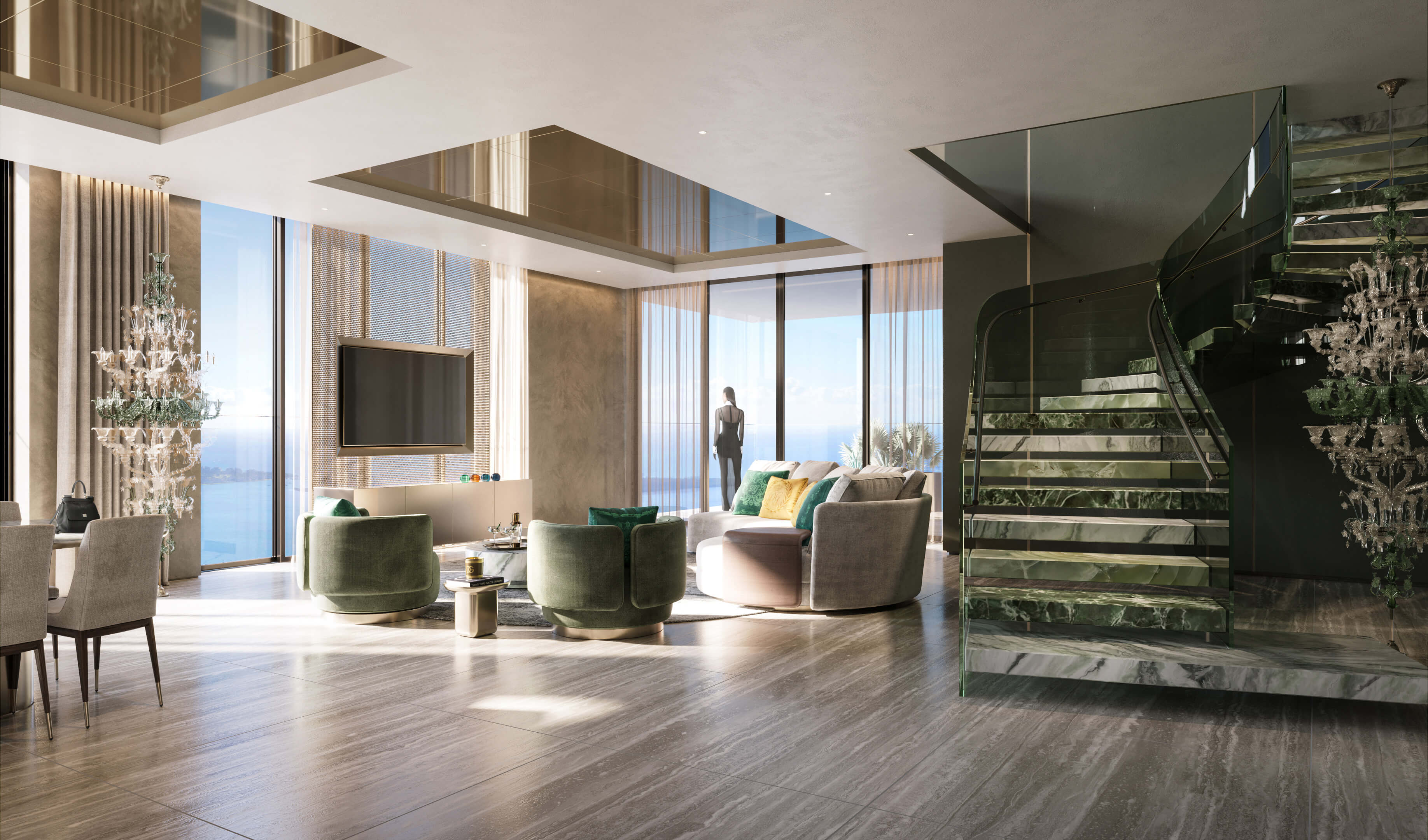 Spacious living room at Dolce & Gabbana Residences with green marble staircase and ocean view