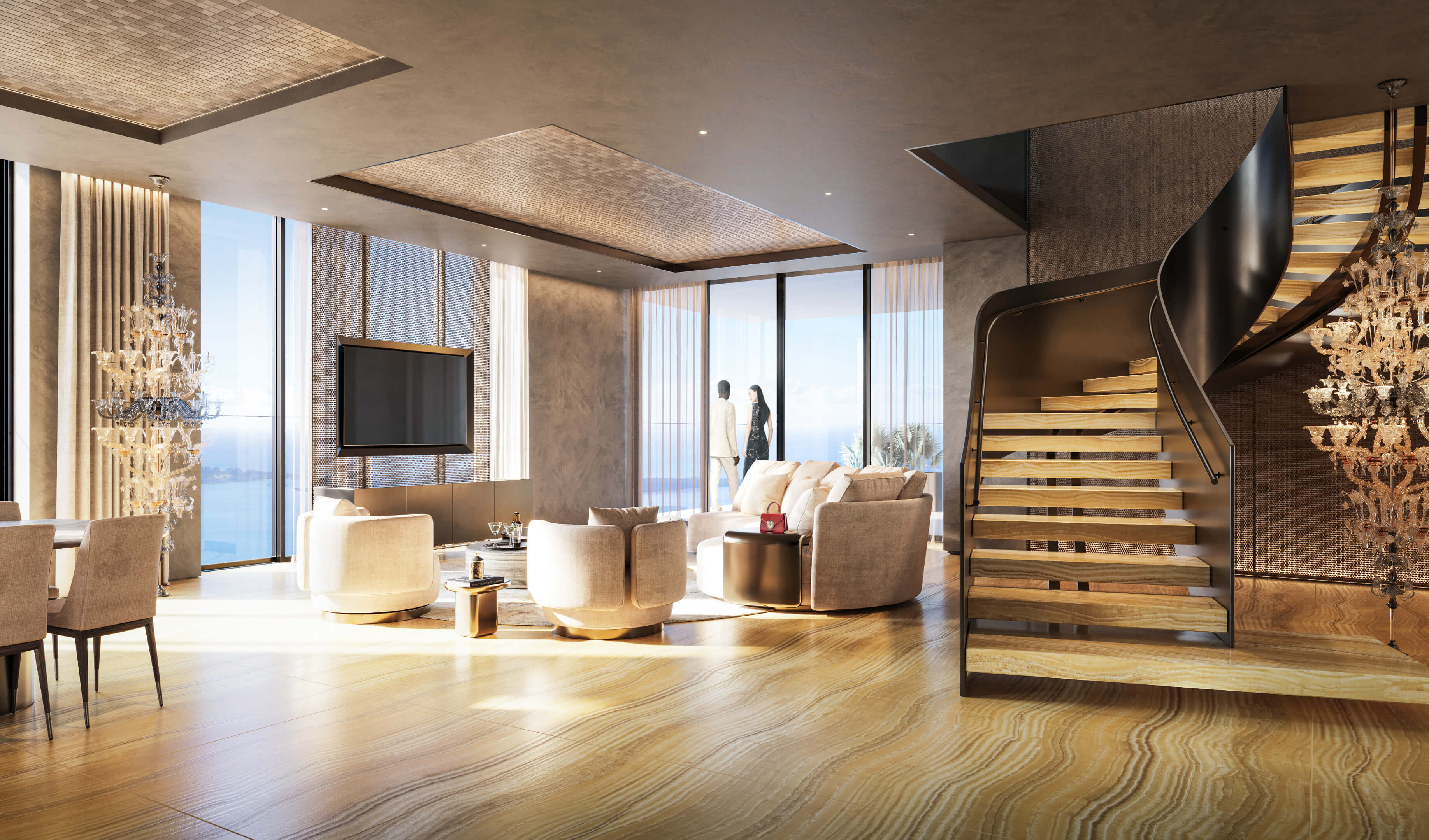 Dolce & Gabbana Residences living area with golden wood flooring and curved staircase design